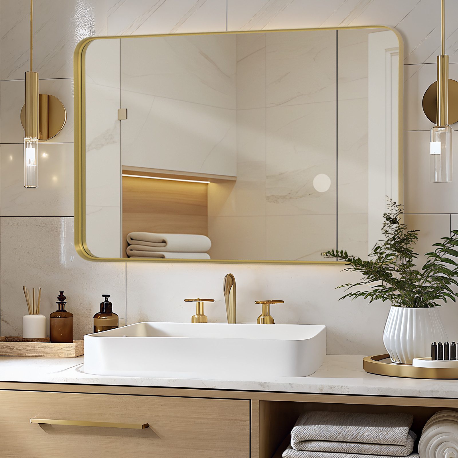 LUNAMIRROR Wandspiegel mit abgerundeten Ecken, Aluminiumrahmen, HD-Spiegelglas (1-St), senkrecht & waagerecht montierbar, schwarz/golden/silber
