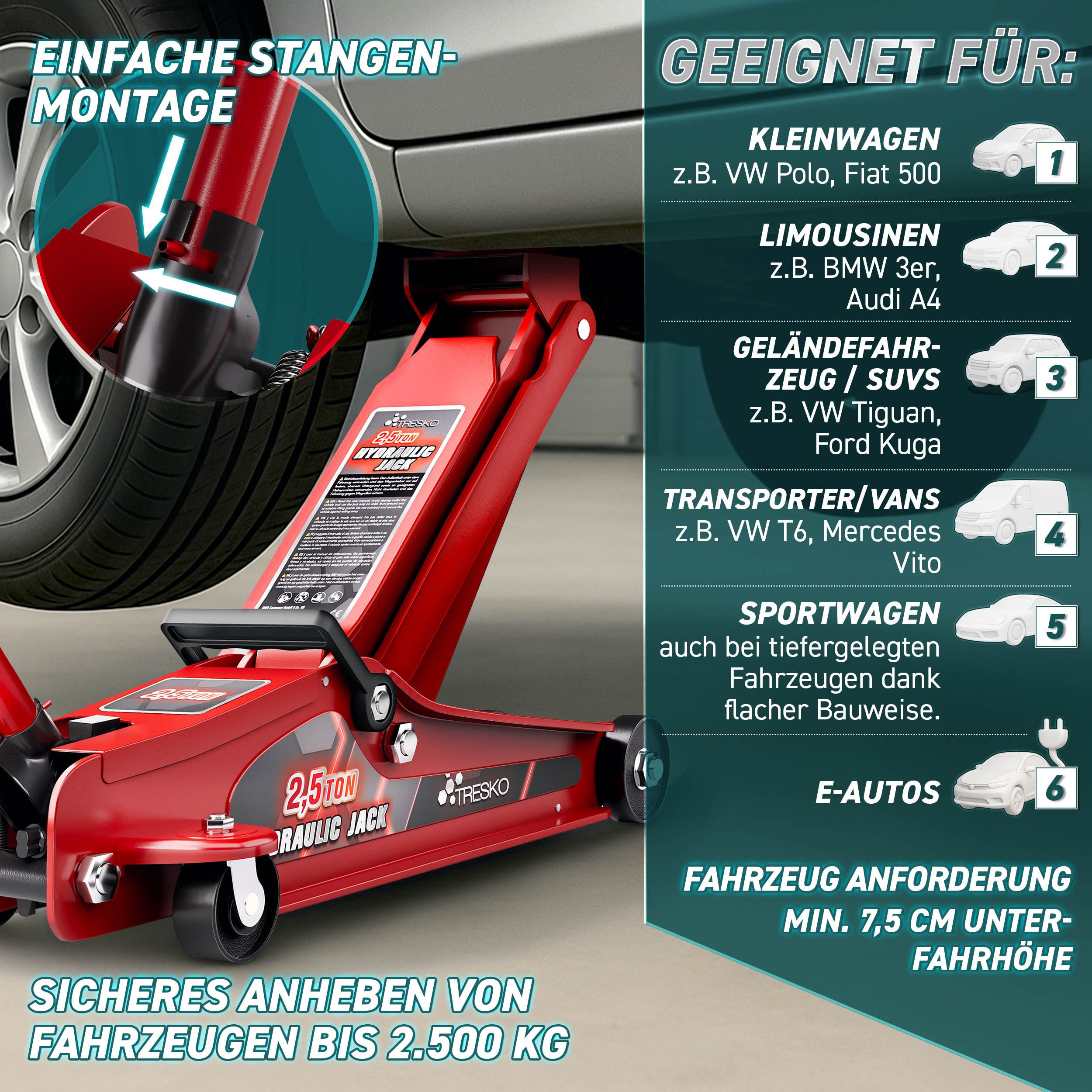 TRESKO Rangierwagenheber TRESKO Wagenheber hydraulisch 2,5T Rangierwagenheber 85-385mm Autohebe, Hydraulik KFZ flach auch für tiefergelegte Autos & 360° Rollen, inkl. 2X Gummiauflage, Schutzmatte, Handschuhe, Profilmesser, hydraulisch 2,5T Hubhöhe 85-385mm mit Tragekoffer Rangierwagenheber