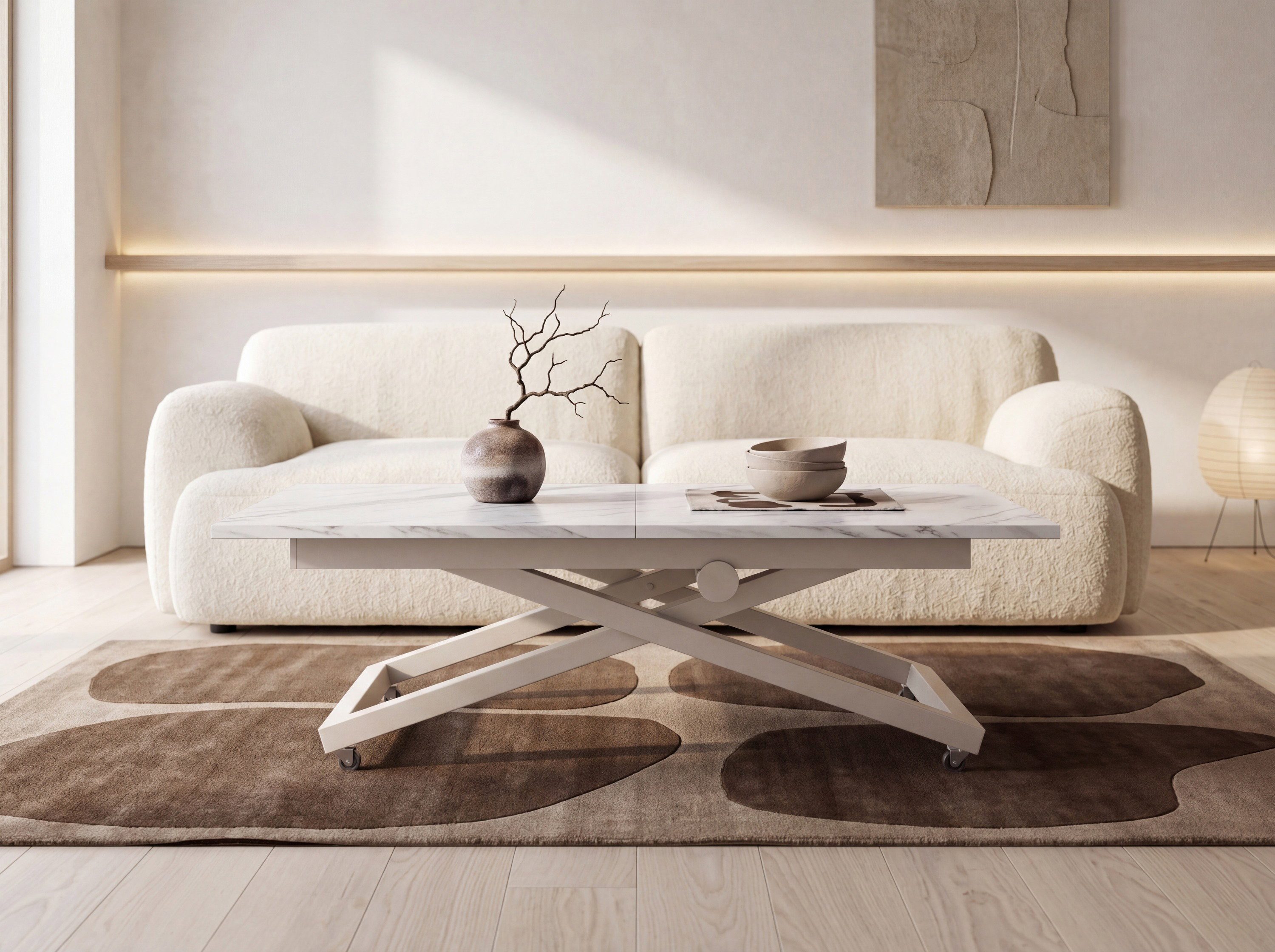 WFL GROUP Couchtisch Axen Ausziehbarer Höhenverstellbarer Couchtisch mit X-Metallgestell (MADE IN EU, 120 x 80 cm ausziehbar auf 160 cm, höhenverstellbar von 38 bis 75 cm), Multifunktional Rechteckiger Wohnzimmertisch mit Rollen