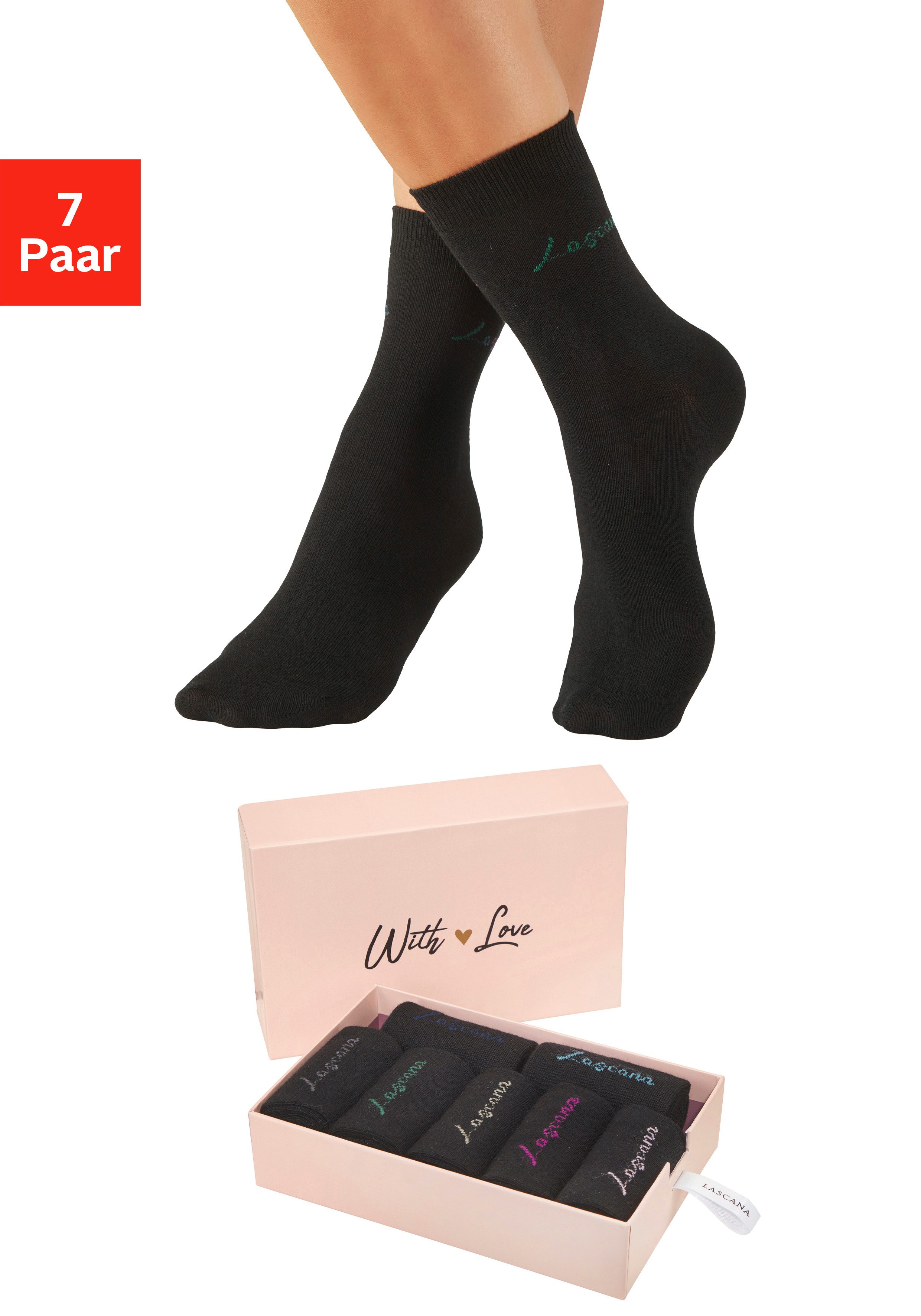 LASCANA Basicsocken für Damen mit eingestricktem Markenlogo (Box, 7-Paar, Gr. 35-38 bis 39-42) in ansprechender Geschenkbox