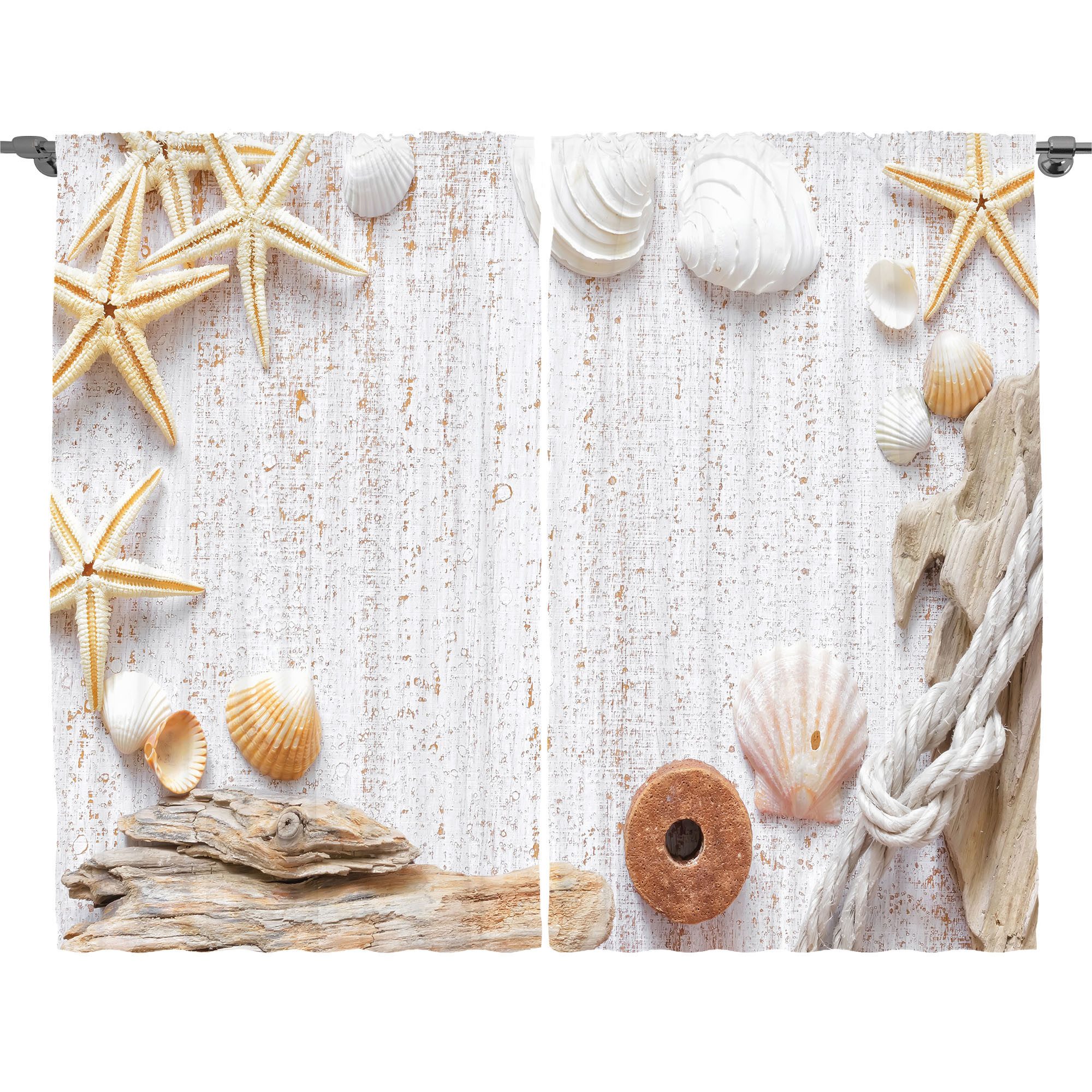 Abakuhaus Gardine Schlafzimmer Kräuselband Vorhang mit Schlaufen und Haken, maritim Ozean-Muscheln Seesterne
