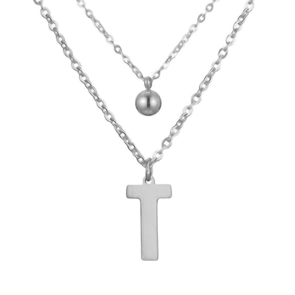 Necklace Damen Halskette Buchstaben Kugel (1-tlg), Ketten-Set Anhänger BUNGSA Doppel-Kette Edelstahl und aus Silber