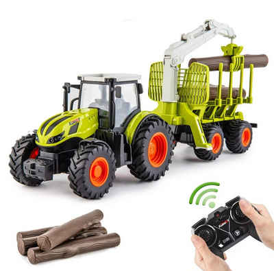 Esun RC-Traktor Ferngesteuerter Traktor Ferngesteuert, RC Traktor mit Anhänger (Set, Komplettset), Holzgreifer, 4 Holzstreifen, LKW spielzeug ab 3 4 5 6 jahre