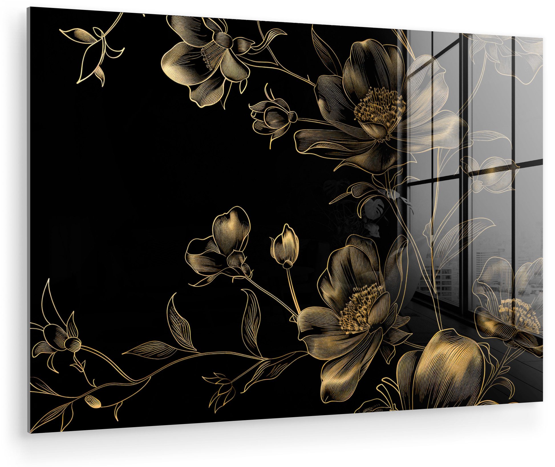 MuchoWow Acrylglasbild Blumen - Schwarz - Gold - Strichzeichnung, Inkl. Aufhängung, Glasbilder Wohnzimmer, Schlafzimmer, Flur & Esszimmer, 30x20 cm
