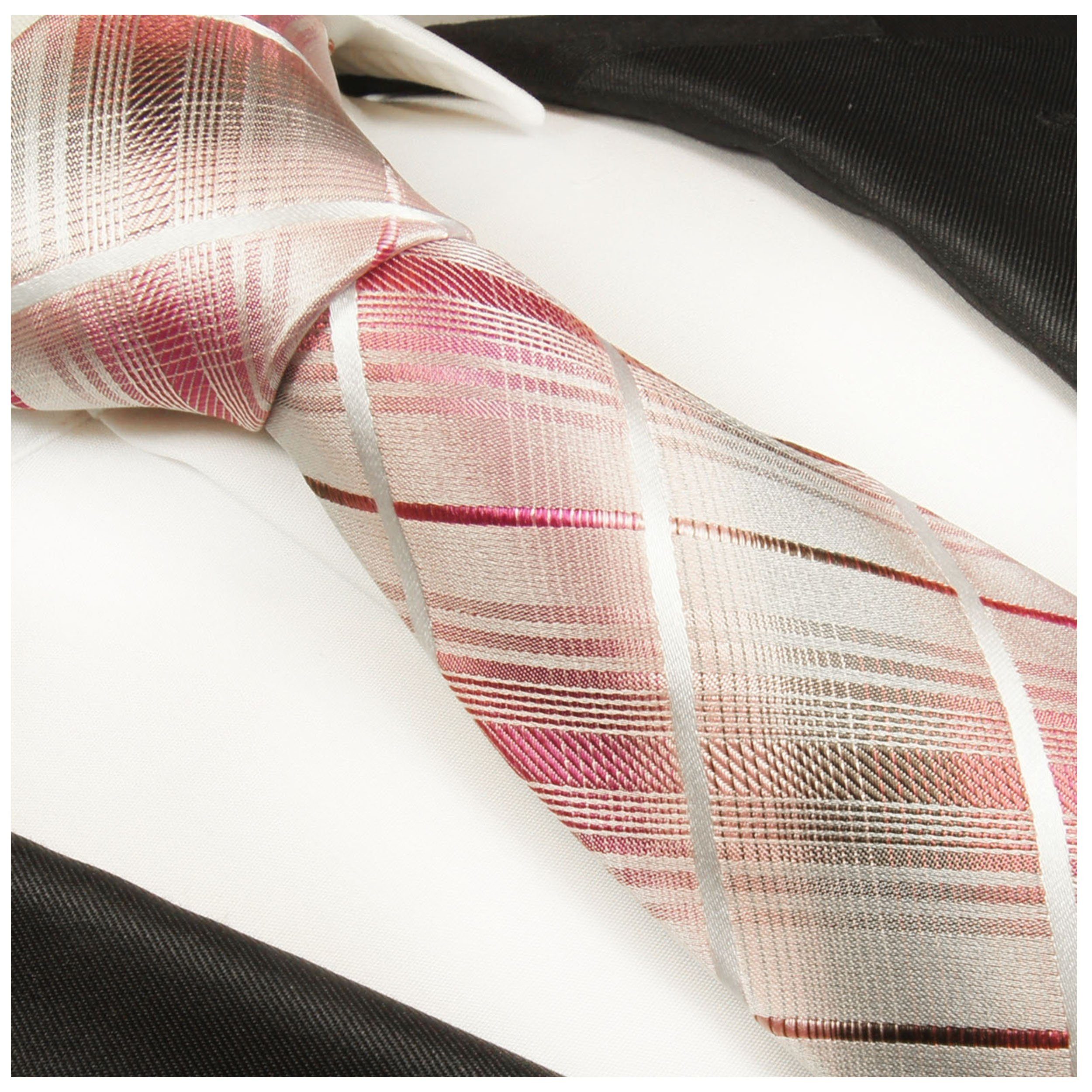 Paul Malone Krawatte Einstecktuch) pink (Set, Schmal Tuch mit Herren Krawatte 100% Seide 2-St., mit (6cm), 2020 (165cm), lang gestreift grau Seidenkrawatte modern Extra