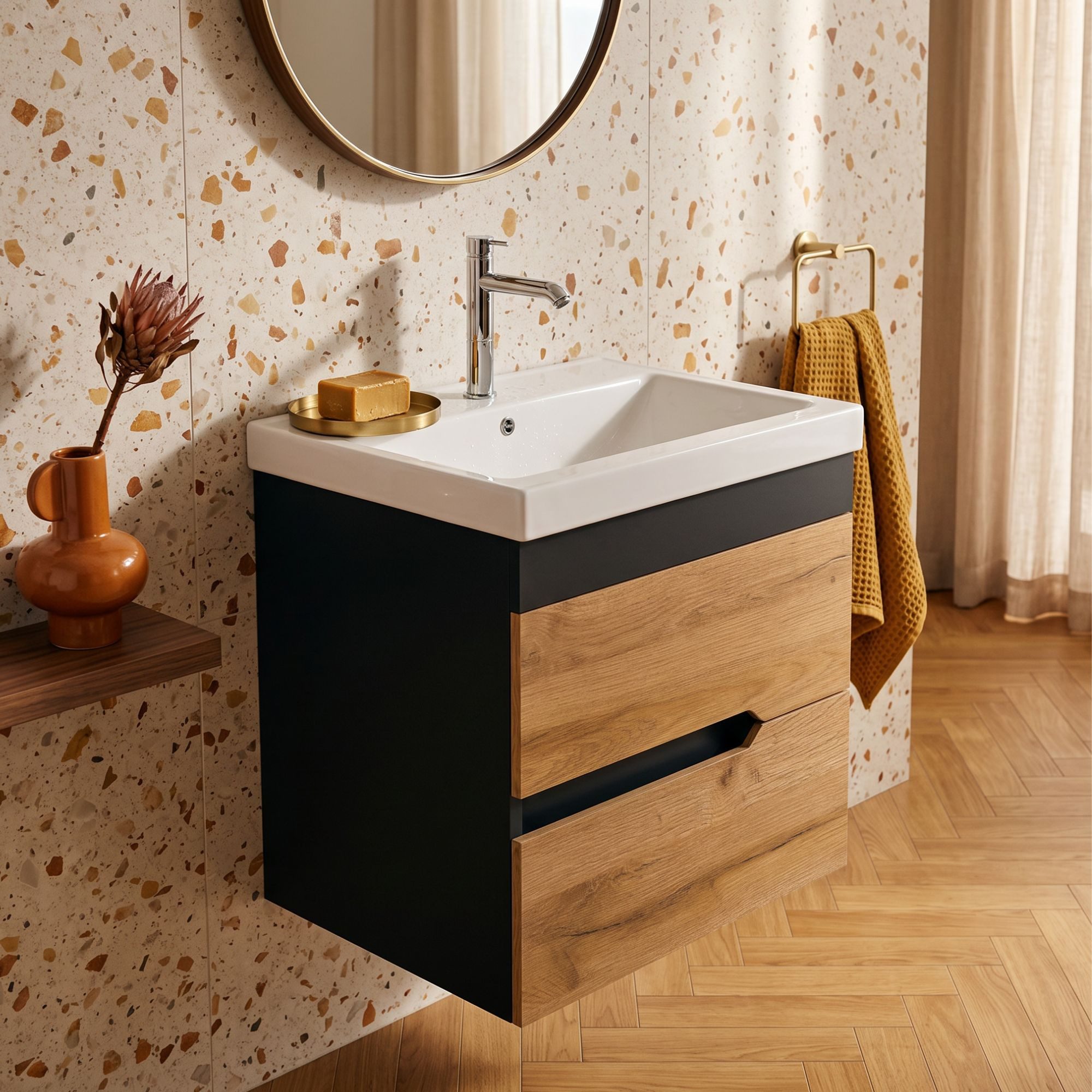 Karen Waschtisch-Set Waschtisch mit Unterschrank Marmara, (3-St., Unterschrank mit Schubladen, Keramikwaschbecken), Innovatives Design, MDF Lam, Softclose, Funktionalität