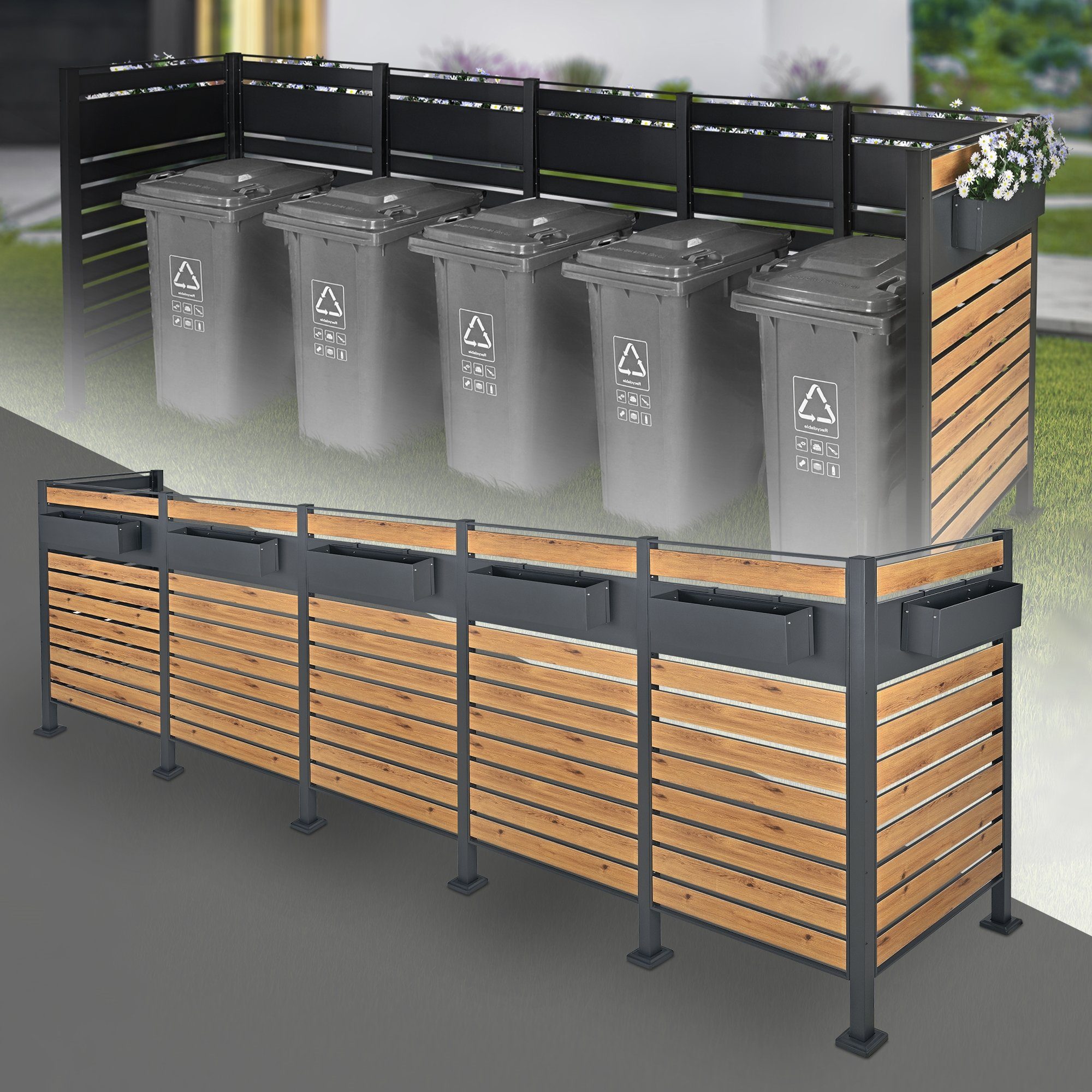 MLDESIGN Mülltonnenbox Mülltonnenzaun mit 7 Blumenkästen 91x411x150cm