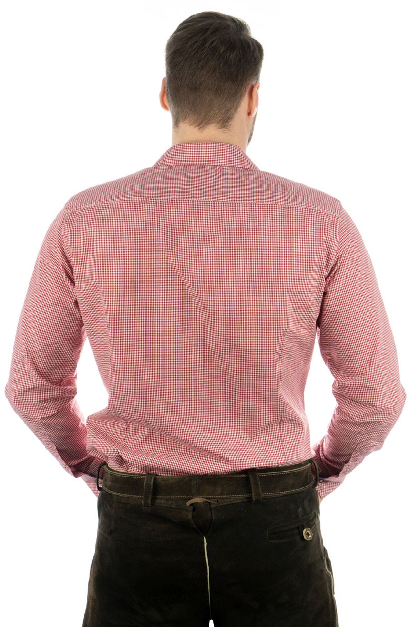 OS-Trachten Trachtenhemd Wacodu Langarmhemd Brusttasche auf der mit Hirsch-Stickerei hochrot
