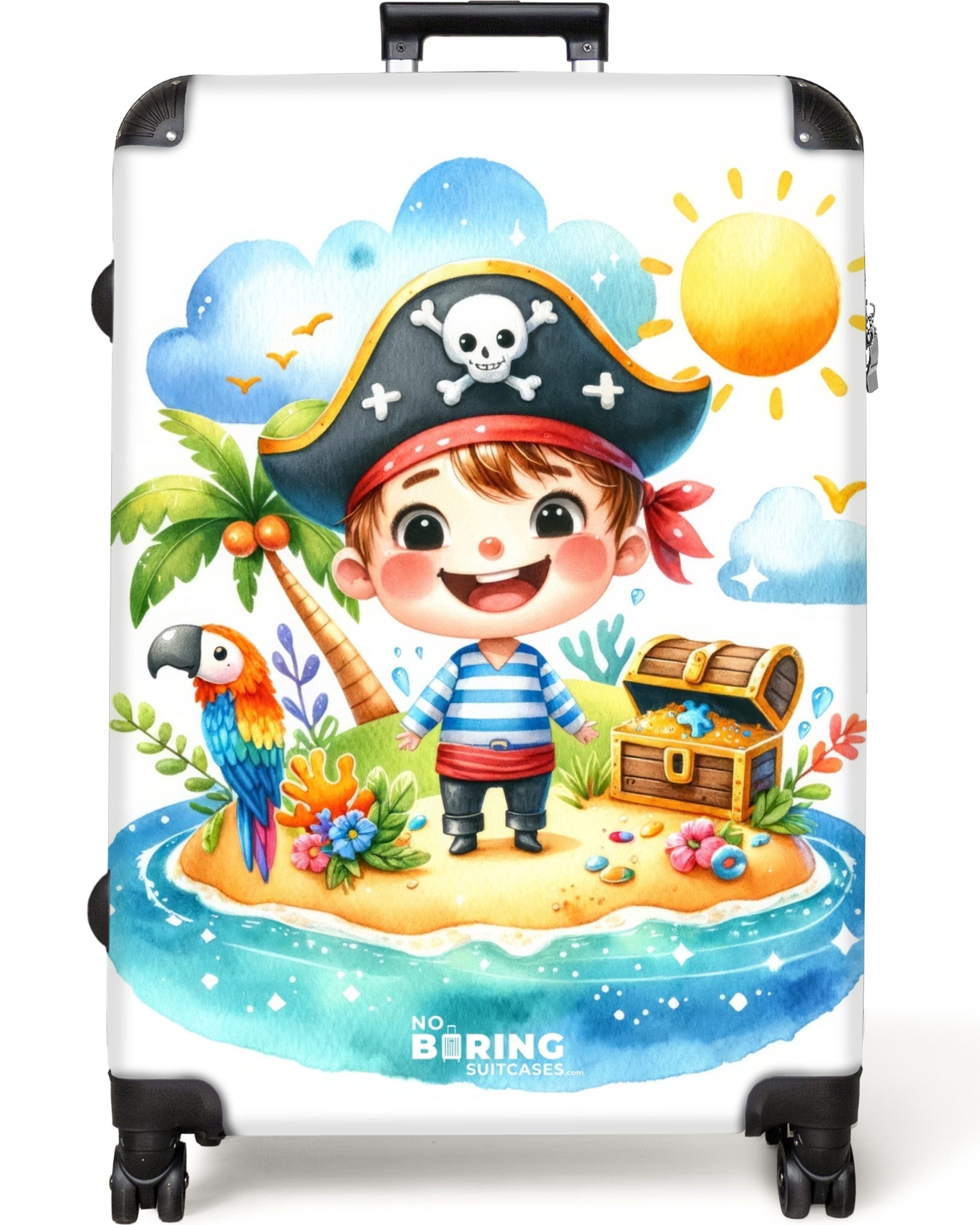 NoBoringSuitcases.com© Kinderkoffer Pirat mit Papagei und Schatztruhe 77 cm - 98 L, 8 Rollen, Reisekoffer mit Rollen Großer für 30kg, Jungenkoffer