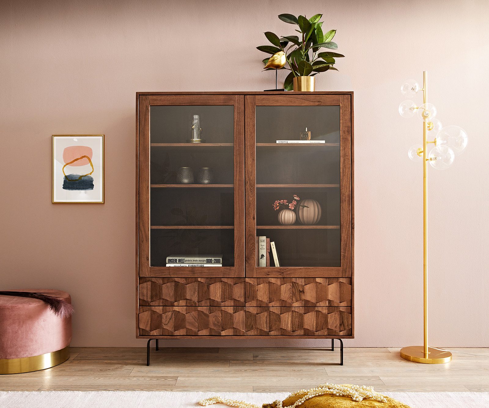 DELIFE Vitrine Fevo Akazie Braun 115x150 cm L-Fuß Vitrine