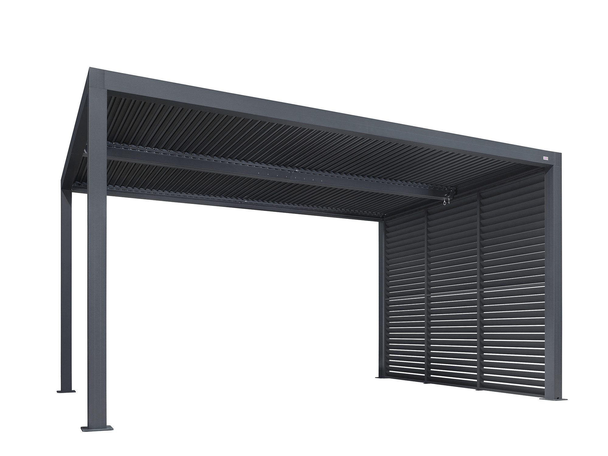 Pergola Alu Terrassenüberdachung mit Lamellendach und Lamellenwand
