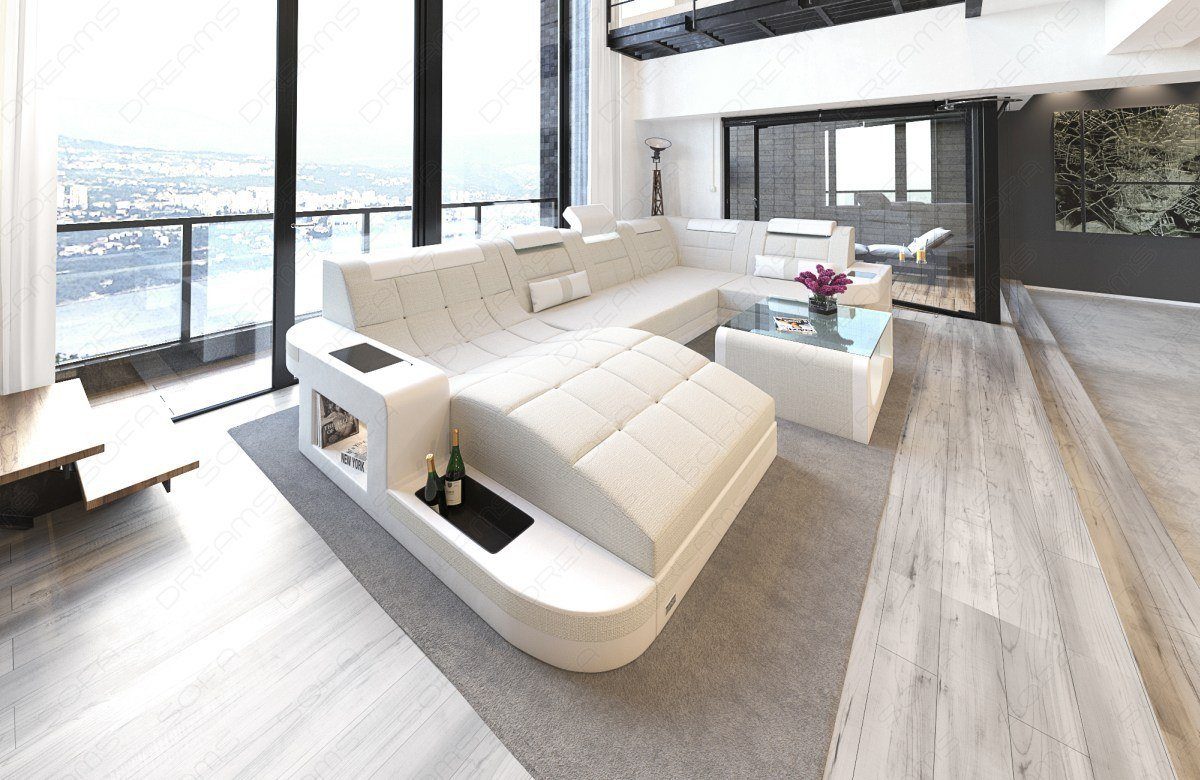 Sofa Dreams Wohnlandschaft Polster Stoffsofa Wave U Form H Strukturstoff Sofa, Couch wahlweise mit Bettfunktion elfenbein-weiß