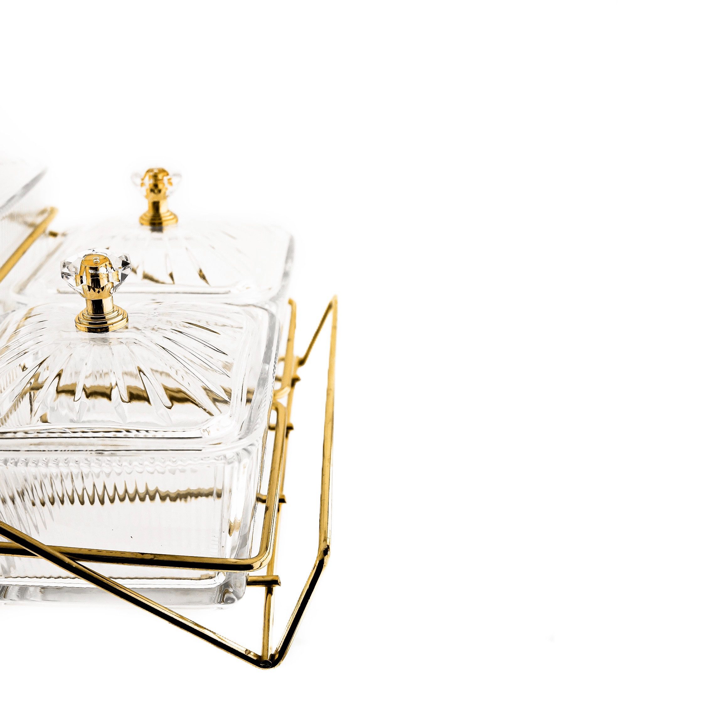 Almina Snackschale Snackschalen-Set Glasbehälter mit Deckeln und goldenem Ständer