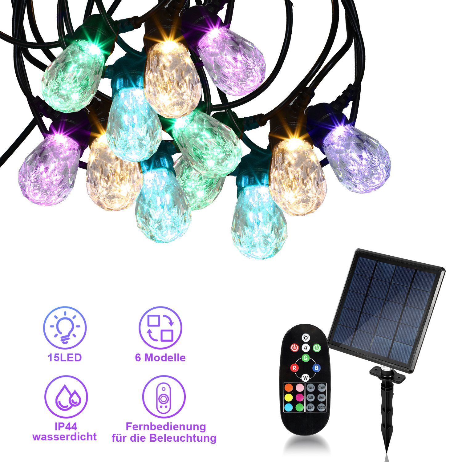 Lospitch LED-Lichterkette Solar lichterkette Mit Fernbedienung 10m Beleuchtung Lampe 15LED IP44, 15-flammig, Solar, mit Fernbedienung