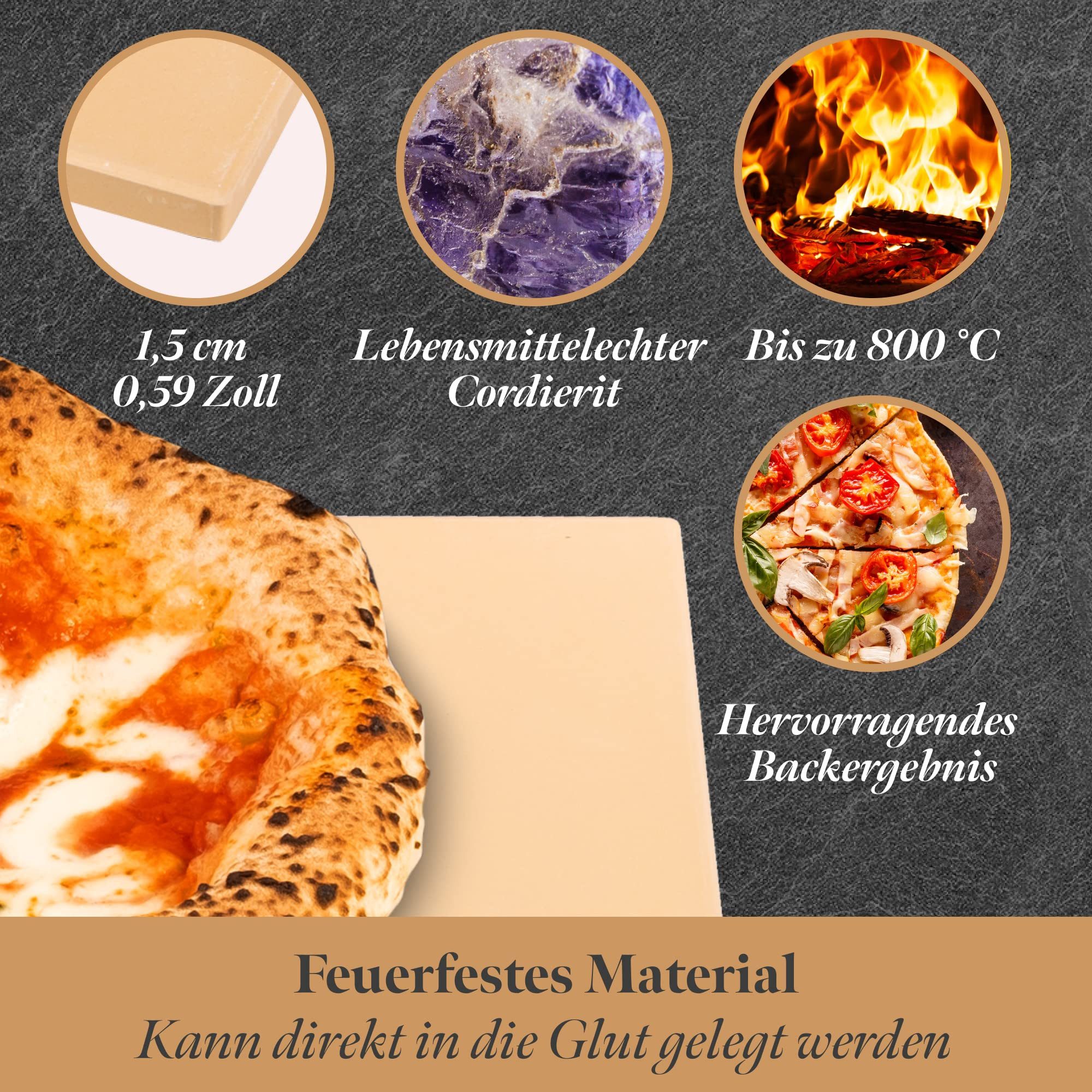 GOURMEO Backstein Pizzastein Set 38x30 cm mit Bambus-Schaufel für Ofen & Grill