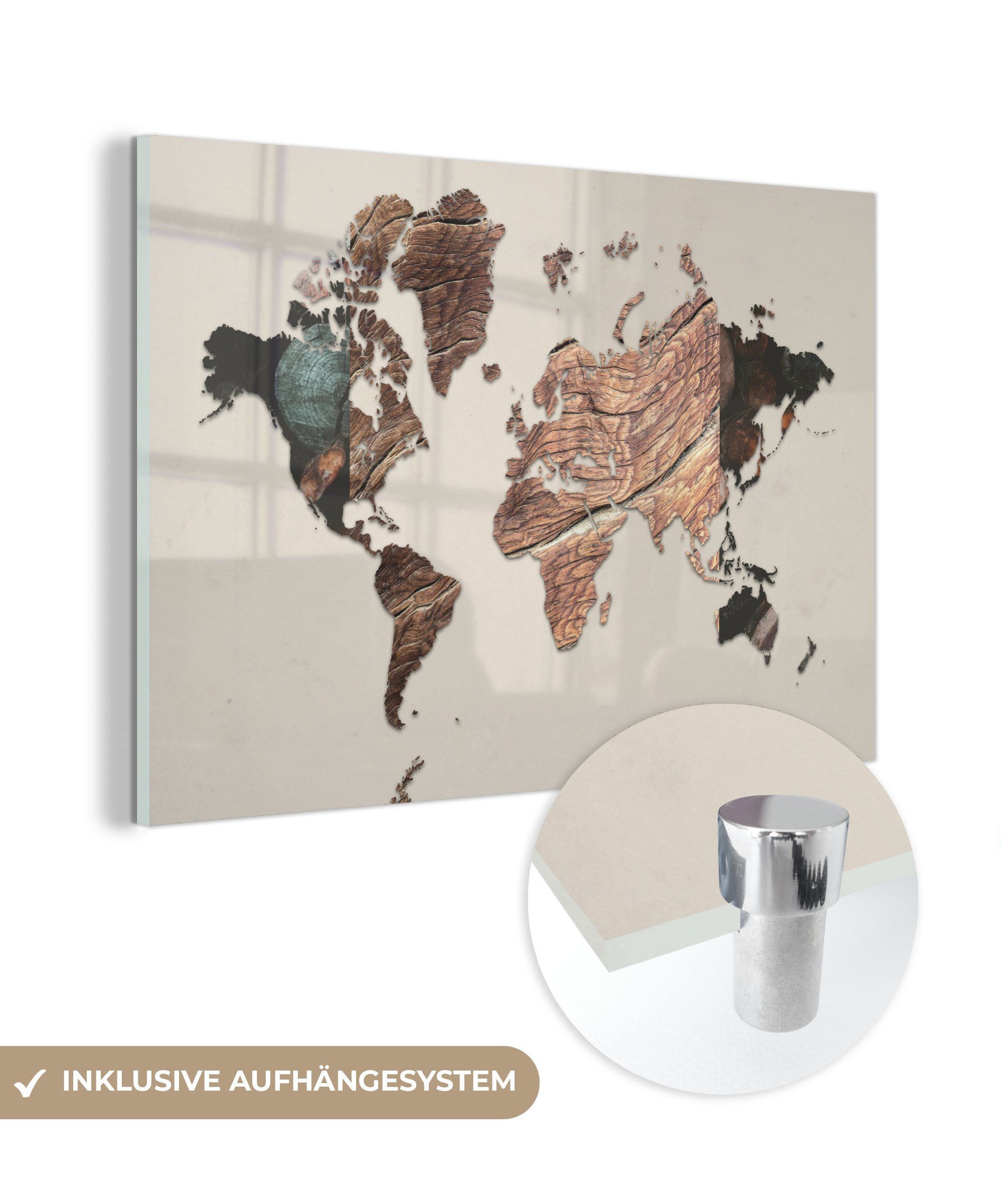 MuchoWow Acrylglasbild Weltkarte - Holz - Braun, (1 St), Glasbilder - Bilder auf Glas Wandbild - Foto auf Glas - Wanddekoration