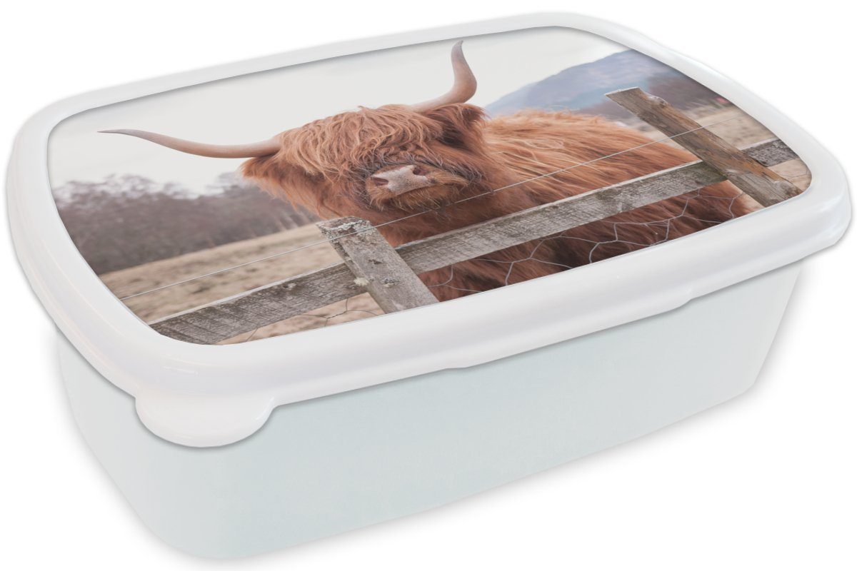 Brotbox Kinder MuchoWow und Gras Scottish Mädchen Jungs Brotdose, für und Erwachsene, für - weiß Highlander Lunchbox Kunststoff, (2-tlg), Zaun, -