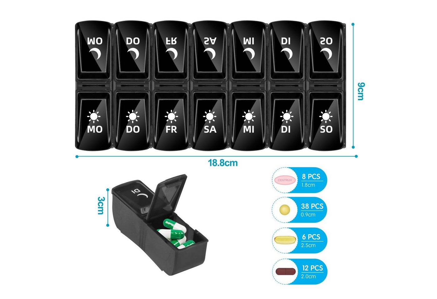 MORRENT Pillendose Pillendose 2 fächer 7 Tage pillenteiler Medikamentendosierer
