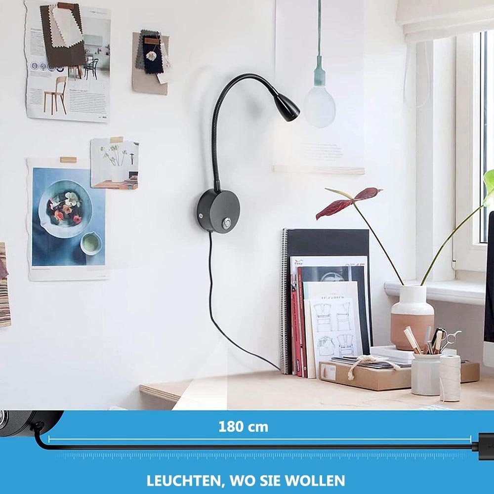 Jibenhome Bettleuchte LED Leselampe Wandmontage,3 Farbmodi mit Touch-Dimmer, Schwarz, LED fest integriert