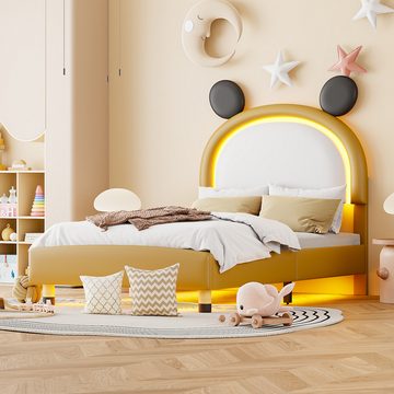 Ulife Polsterbett Kinderbett Flachbett, PU-Leder Zweifarbig mit LED-Licht, passend für Jungen und Mädchen, 90x200cm