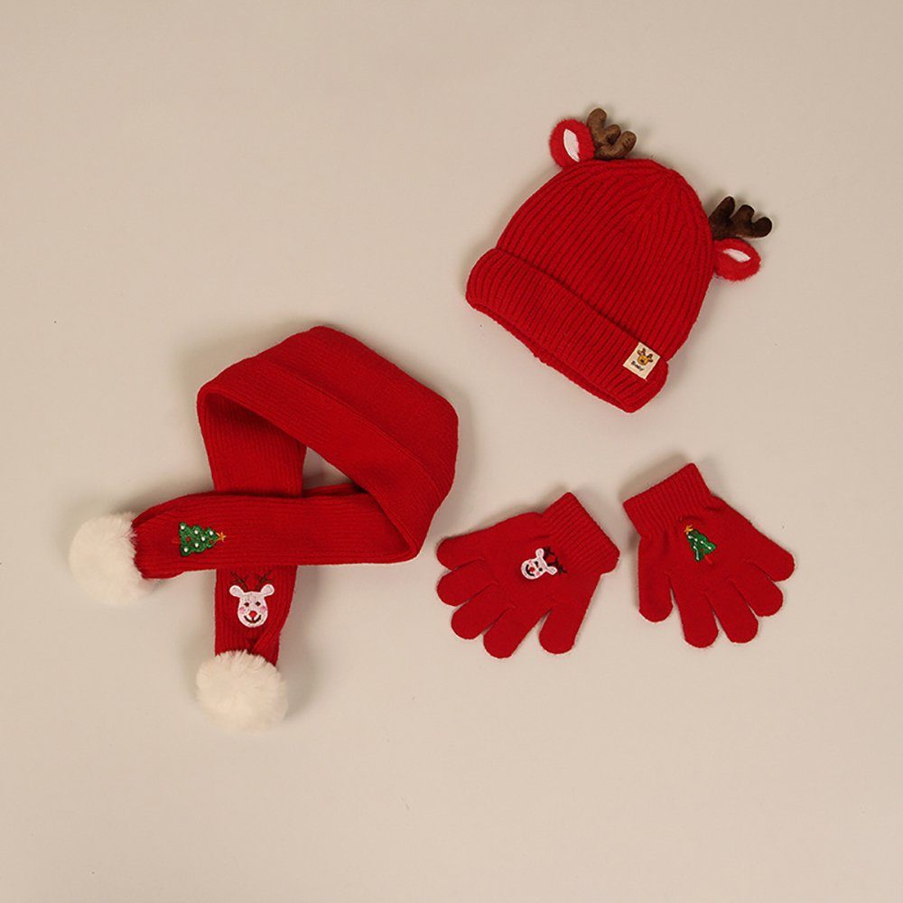 Buling Mütze & Schal 3 in 1 Kinder Wintermütze Schal Handschuhe Set Weihnachtsset (3-tlg., Hüte, Schals, Handschuhe) Weihnachtsgeweih Dekoration Stickerei, weich und warm
