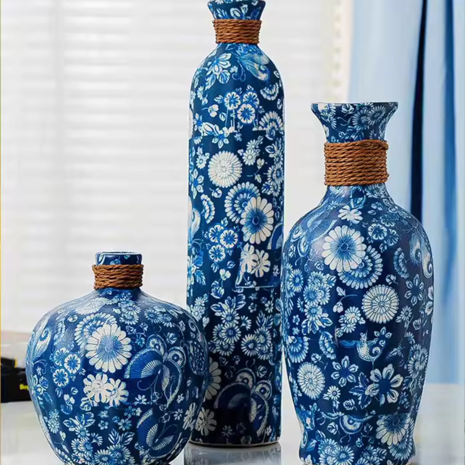 Quality Elegance Dekovase Vintage Keramikvasen-Set – Blau-Weiß glasiert (Set, 3 St., 3xVases)