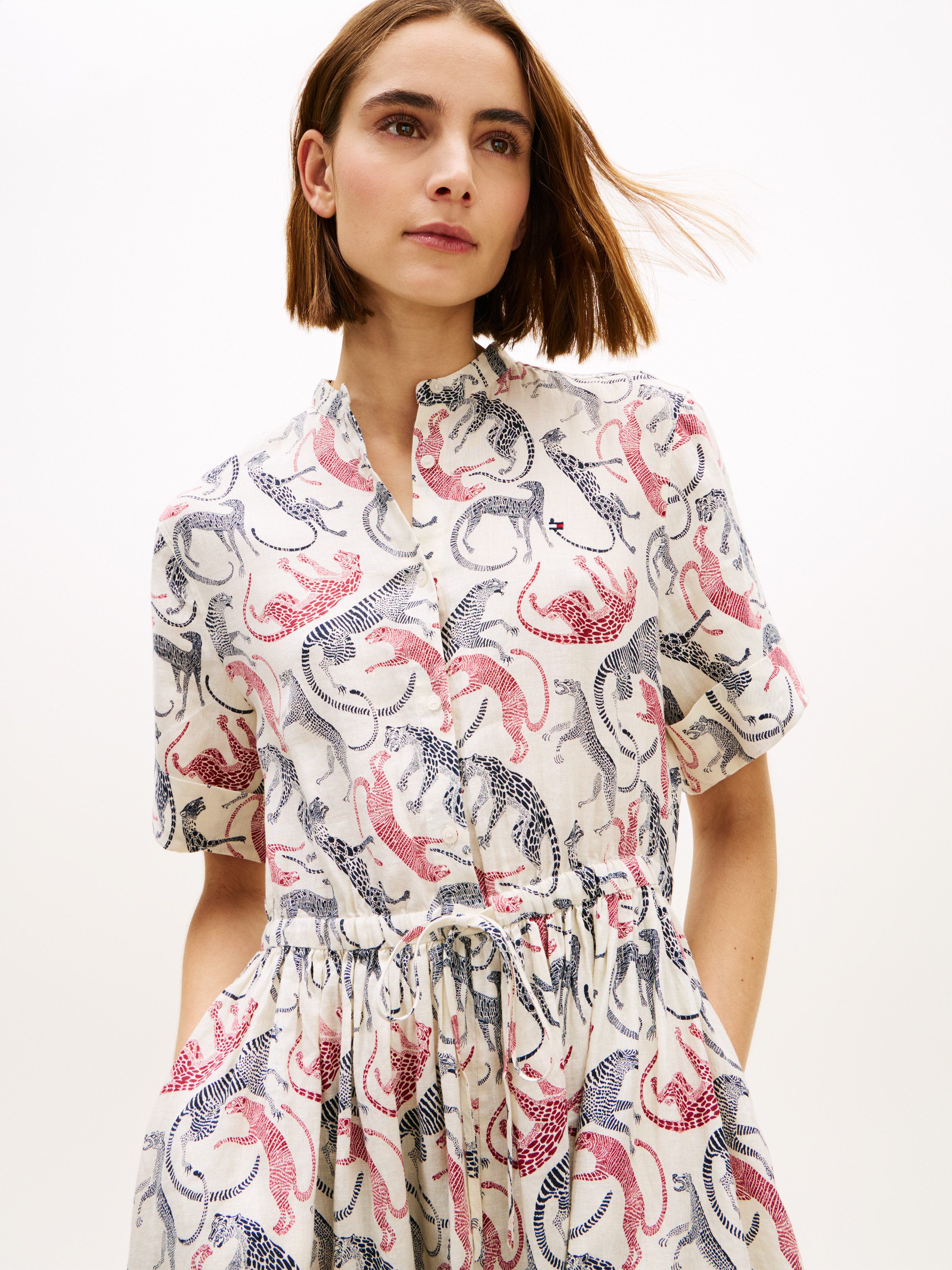 Tommy Hilfiger Sommerkleid ESS LINEN SHORT SLEEVE SHIRT DRESS in Midi-Länge, mit Taillen-Band zum Binden