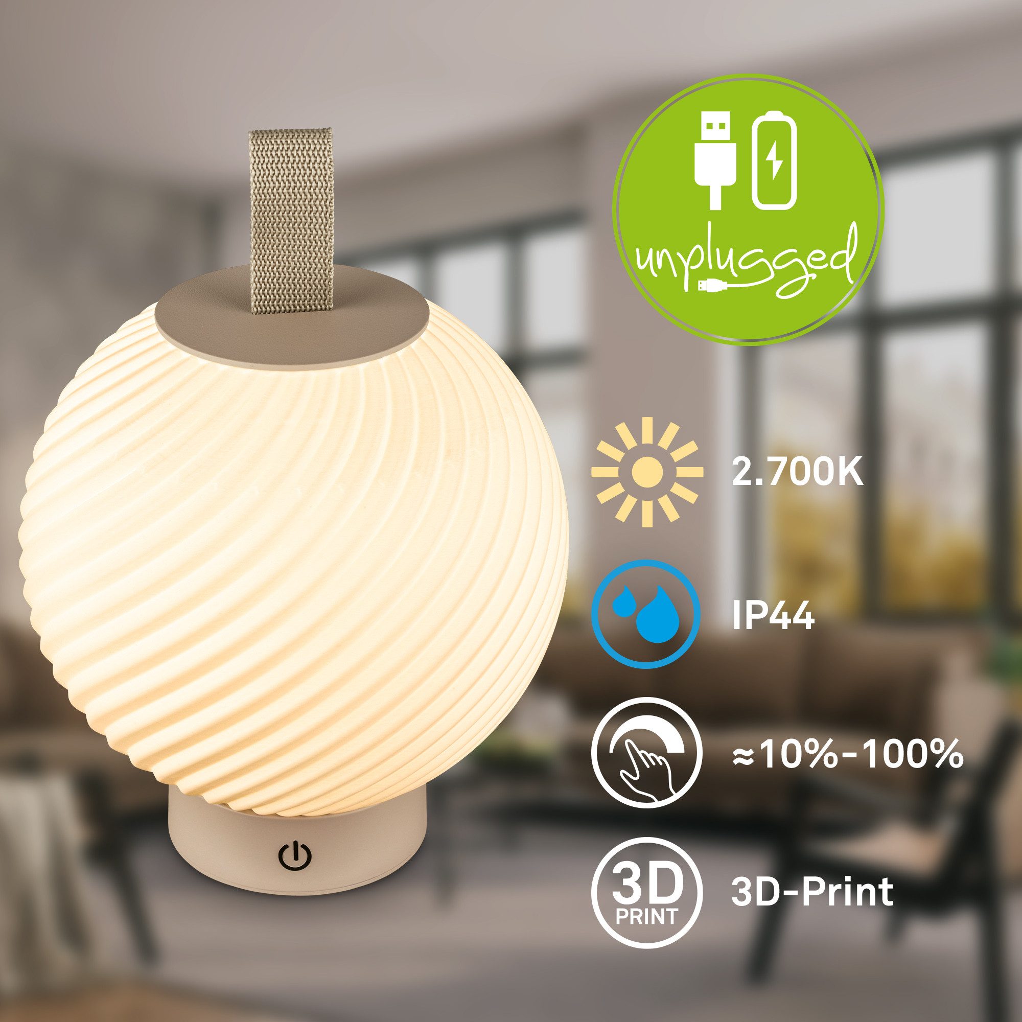Briloner Leuchten LED Tischleuchte Design 3D-Druck Tischlampe kabellos Akku USB-C Touch dimmbar, LED wechselbar, 2700K, Akku tauschbar, Indoor/Outdoor, Wohnzimmer, Balkon