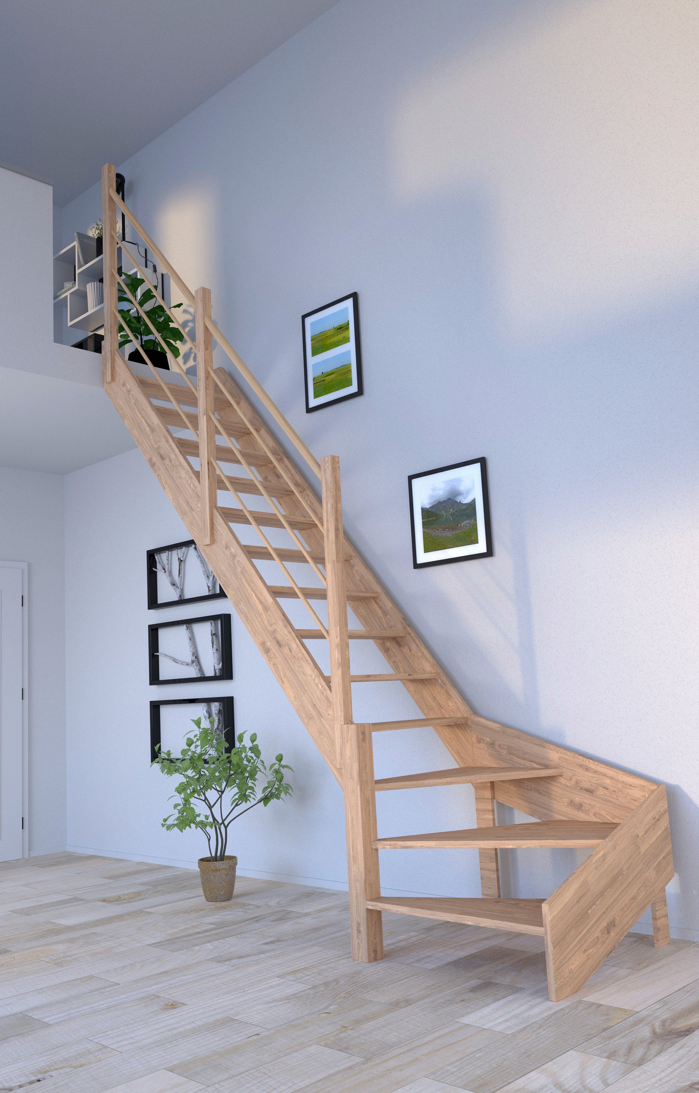 Starwood Raumspartreppe Massivholz Rhodos, Holz-Holz Design Geländer, für Geschosshöhen bis 300 cm, Stufen offen, gewendelt Links, Durchgehende Wangenteile