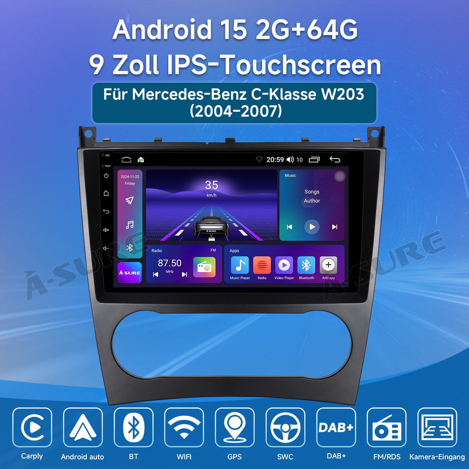 A-Sure Android 15 Carplay Für Mercedes Benz C-Klasse W203 W209 2005-2009 Autoradio (8Core, 4 Core, Digitalradio (DAB), FM, AM, 1280*800 IPS Screen)