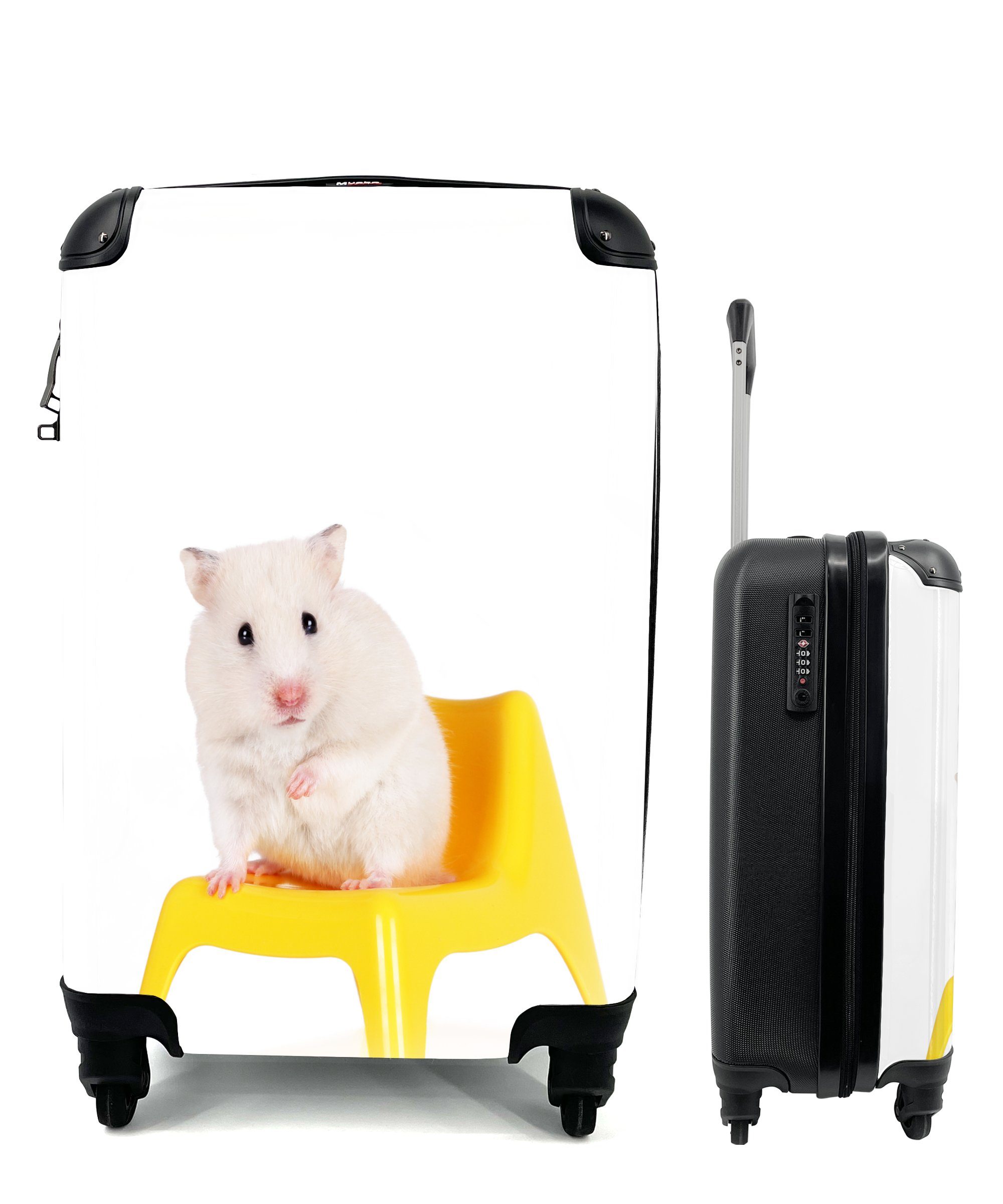 MuchoWow Handgepäckkoffer Weißer Hamster auf einem gelben Stuhl, 4 Rollen, Reisetasche mit rollen, Handgepäck für Ferien, Trolley, Reisekoffer