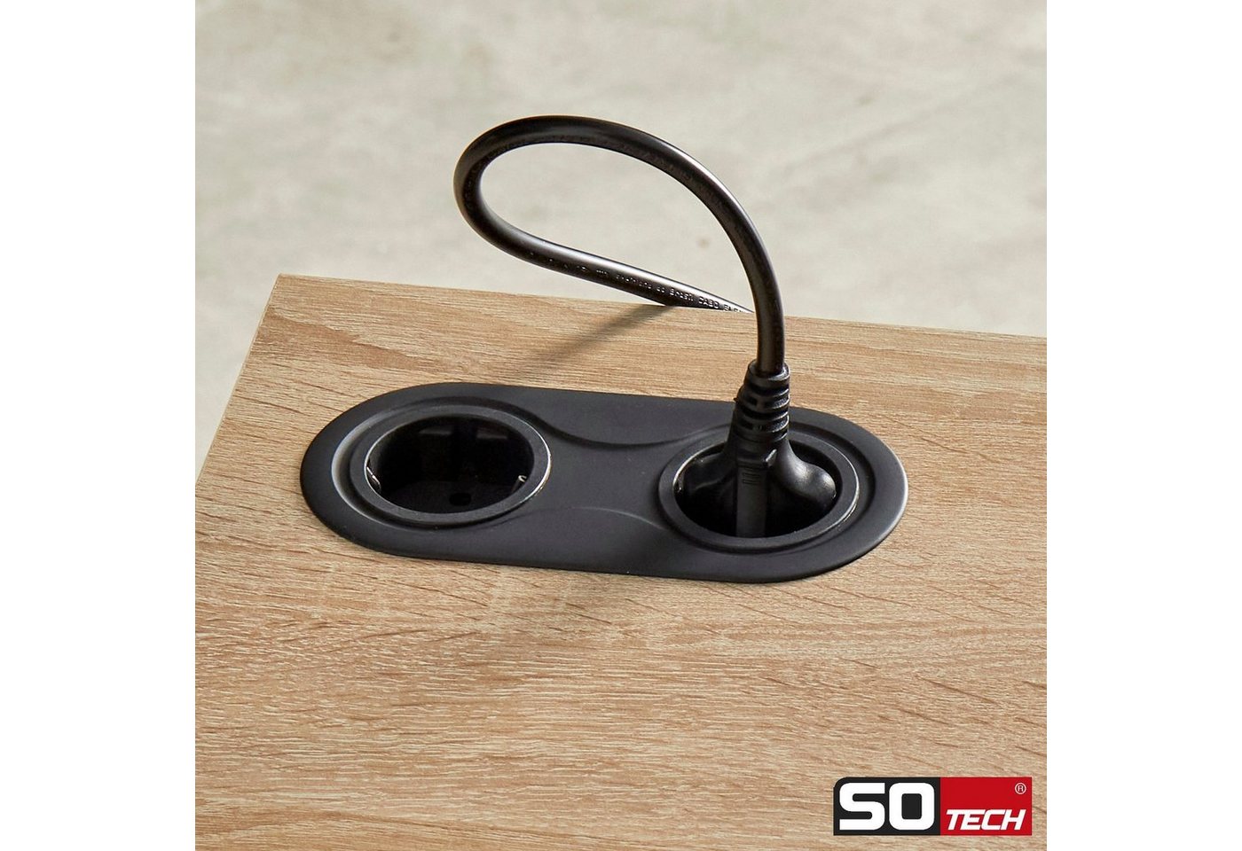 Thumbnail - SO-TECH® Einbau Tischsteckdose mit Kabel und Stecker Einbau-Tischsteckdose, schwarz, oval, Doppelsteckdose