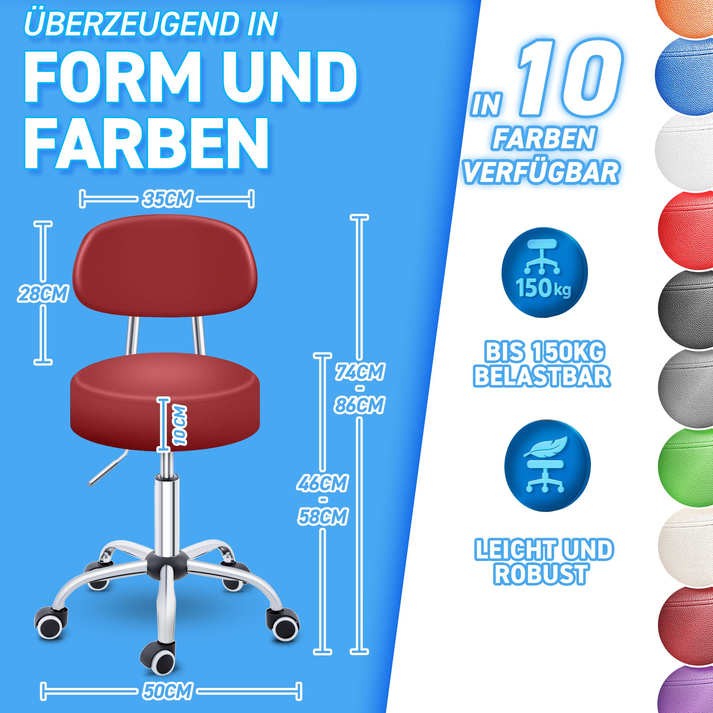 TRESKO Drehhocker Rollhocker mit Lehne, Arbeitshocker höhenverstellbar 46-58 cm, Bürostuhl mit Rollen Hocker Drehstuhl Kosmetikhocker