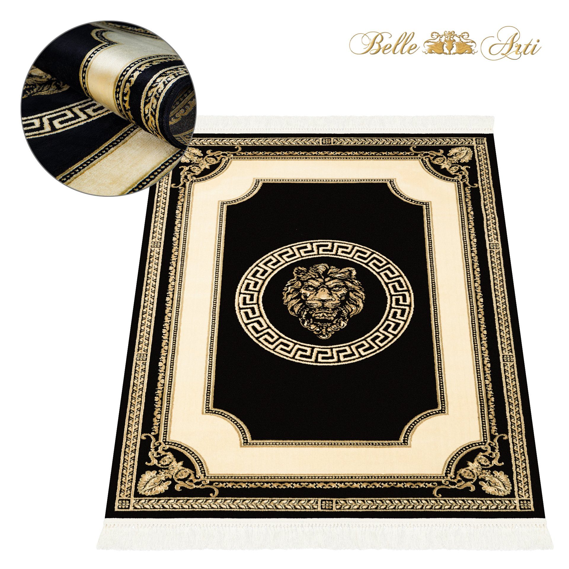 Designteppich Luxus Teppich Läufer Löwen Motiv schwarz gold kurzflor 100% Viskose, Belle Arti, Rechteckig, Wohnzimmer, Schlafzimmer, Flur, antirutsch, rutschfest, handgeküpft