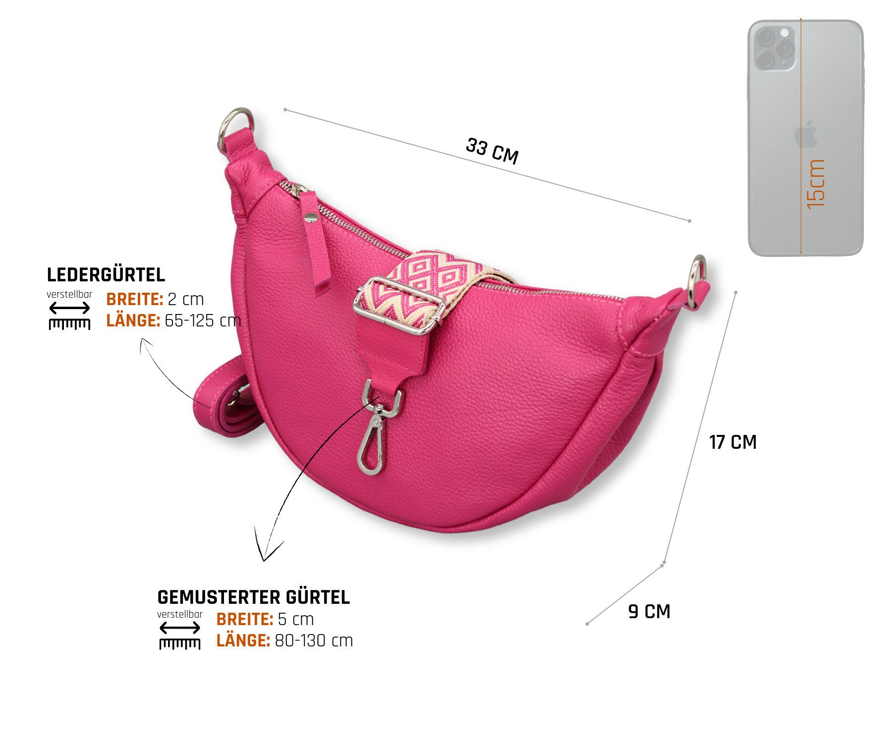 Adel Bags Schultertasche DIANA Halbmond Tasche Leder, Umhängetasche für Damen, Gürteltaschen, echt Leder, Made in Italy