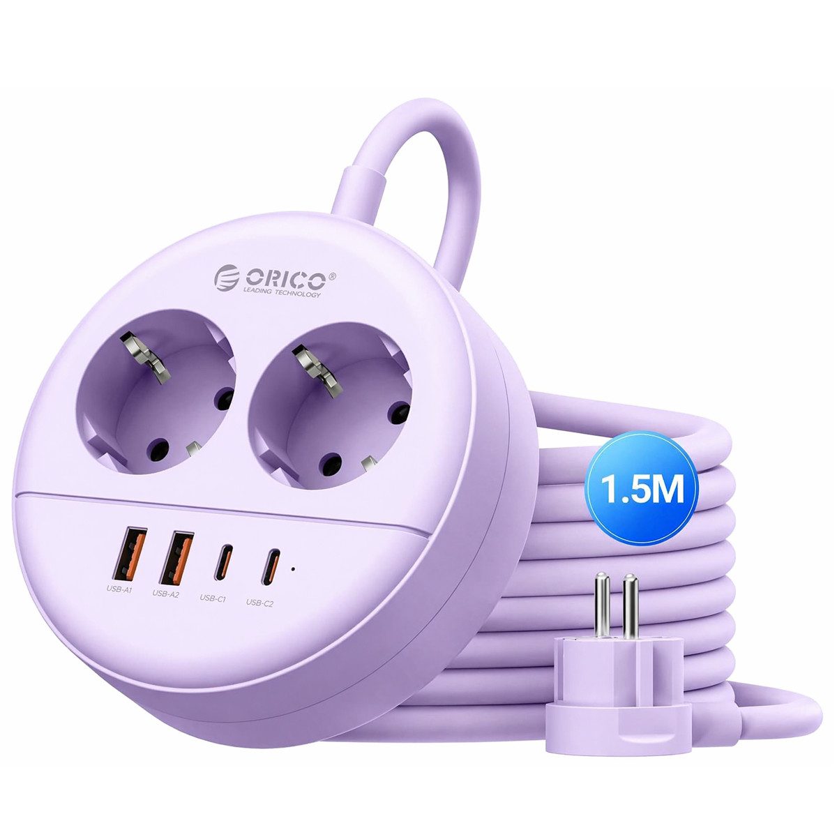 ORICO Steckdose Runde Steckdosenleiste mit USB-C PD 20W, 2 Steckdosen & 4 USB (2× USB-C), 1-St., 1,5 m Kabel, Wandmontage & Sicherheitsverschluss, 2500W für Büro & Zuhause