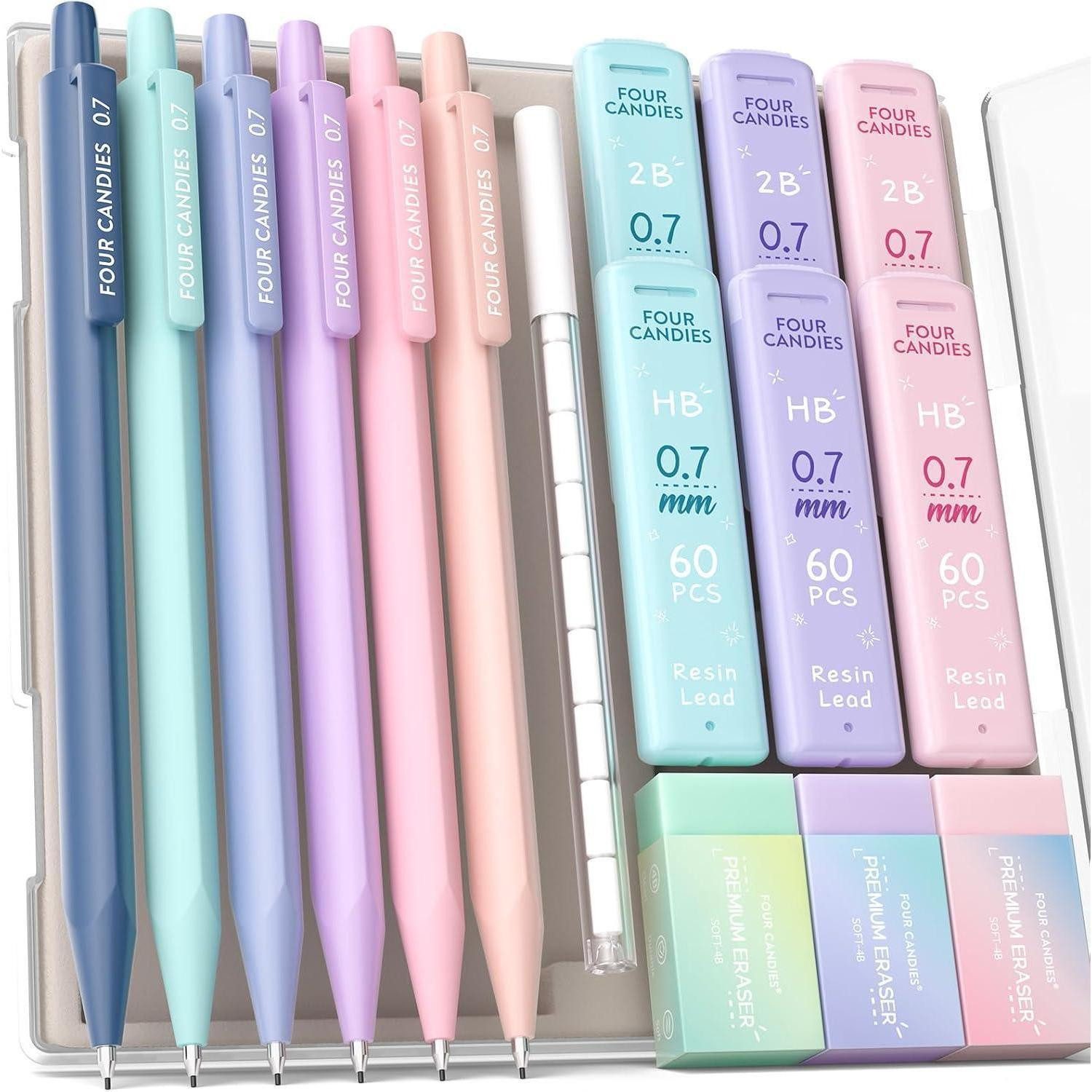 Four Candies Druckbleistift Druckbleistift Set 0.7mm: 6 Niedliche Stifte, 360 Minen, 3 Pastell