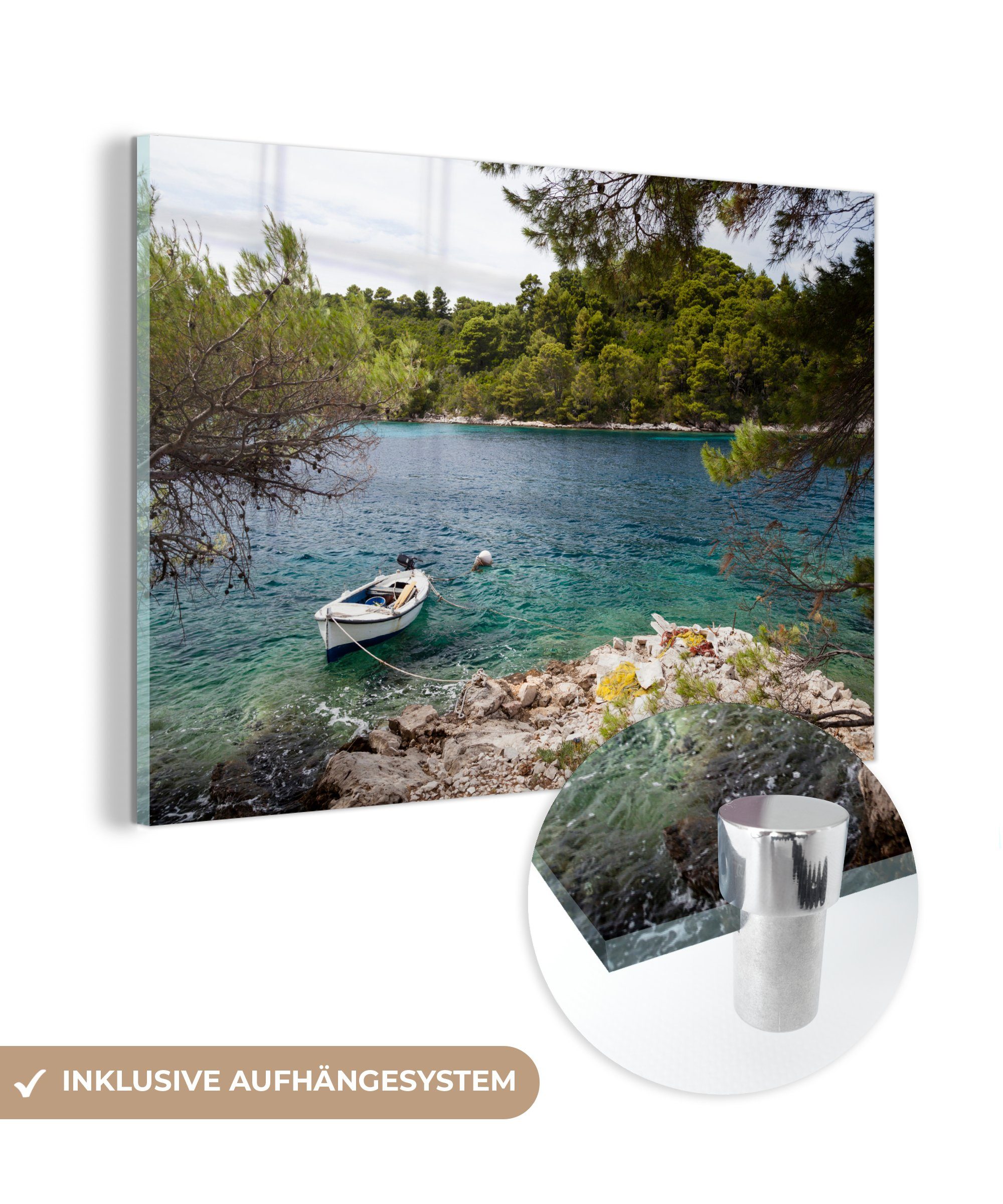 MuchoWow Acrylglasbild Ein Fischerboot schwimmt im Türkis des Nationalparks Mljet, (1 St), Acrylglasbilder Wohnzimmer & Schlafzimmer
