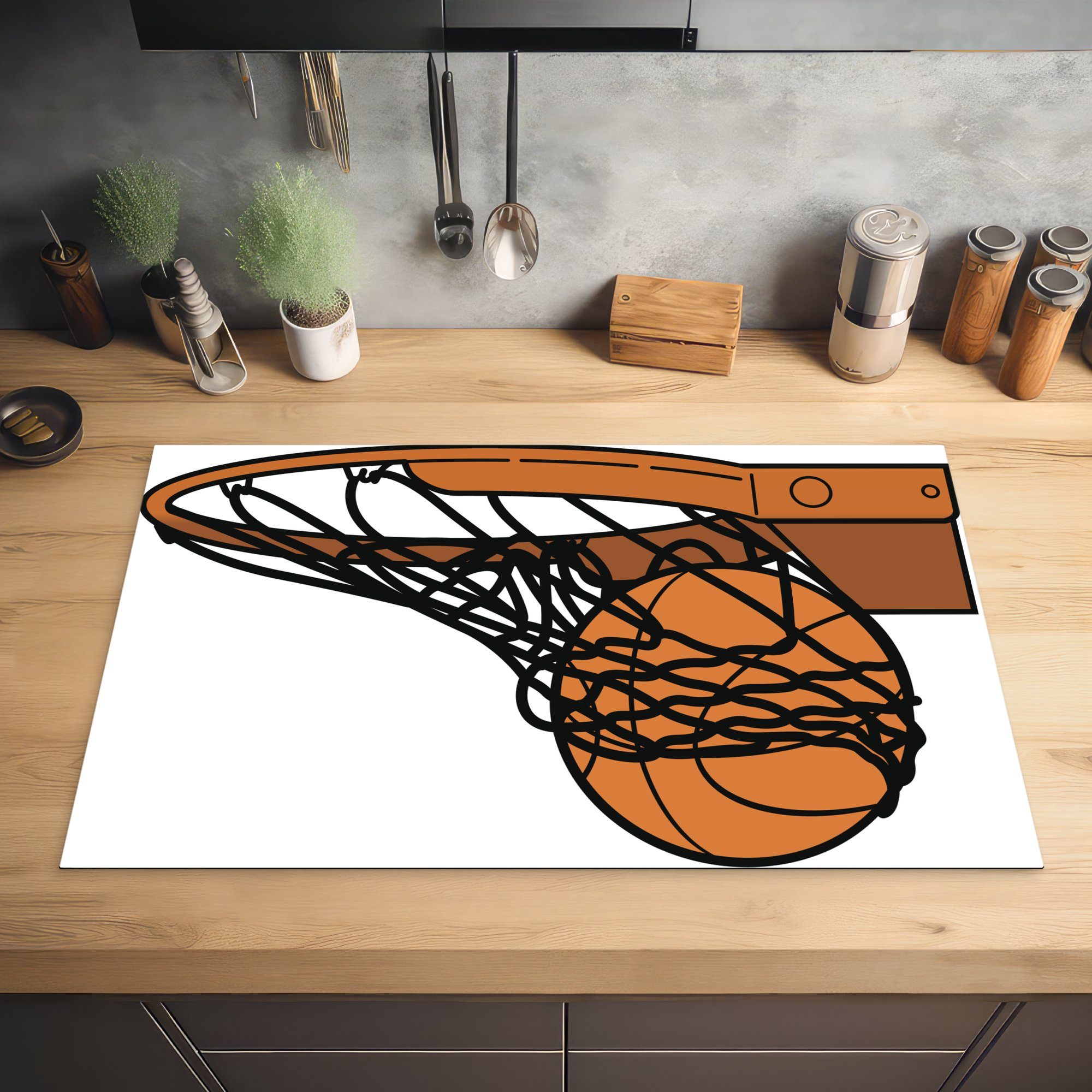 MuchoWow Herdblende-/Abdeckplatte Eine Ceranfeldabdeckung, im tlg), Arbeitsplatte (1 des Basketballs küche Vinyl, 83x51 für Netz, Illustration cm