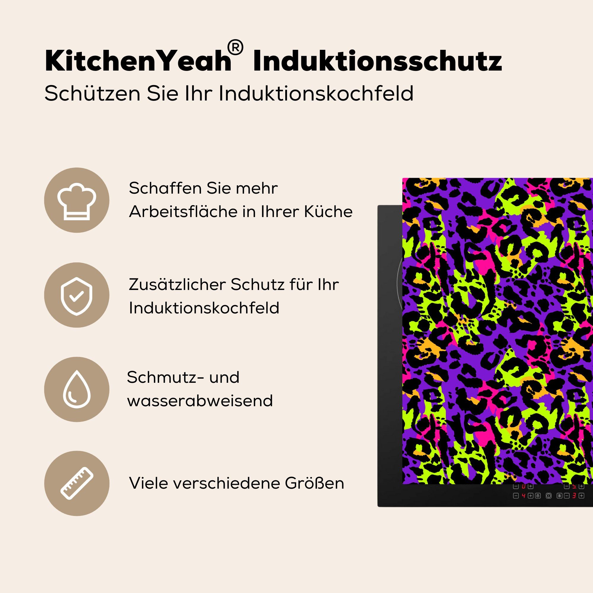 Lila 59x52 Ceranfeldabdeckung Herdblende-/Abdeckplatte - für Vinyl, Tiermuster - - MuchoWow die tlg), Gelb, Neon (1 Induktionsmatte cm, küche,