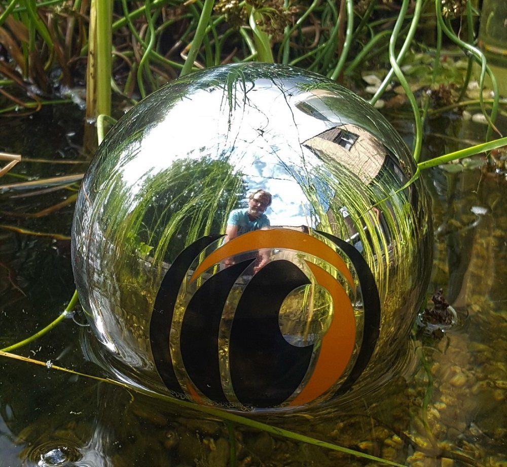 Jürgen Bocker Garten-Ambiente Teichfigur Reiherschreck aus Edelstahl  poliert das magisches Auge Schwimmkugel Teichdekoration Teich Teichkugel  Teichdeko