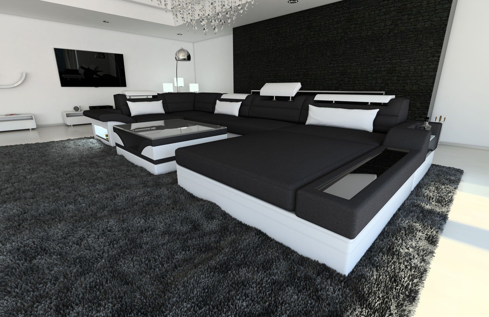 Sofa Dreams Wohnlandschaft Couch Sofa Stoff Mezzo U Form Stoffsofa, mit LED, wahlweise mit Bettfunktion als Schlafsofa, Designersofa C33 Schwarz-Weiss