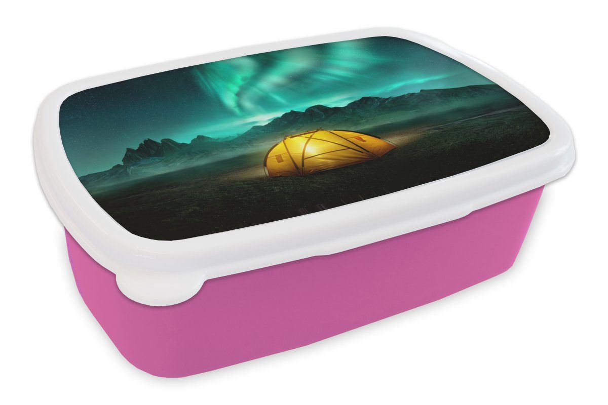 MuchoWow Lunchbox Nordlichter - Zelt - Lampe, Kunststoff, (2-tlg), Brotbox für Erwachsene, Brotdose Kinder, Snackbox, Mädchen, Kunststoff rosa