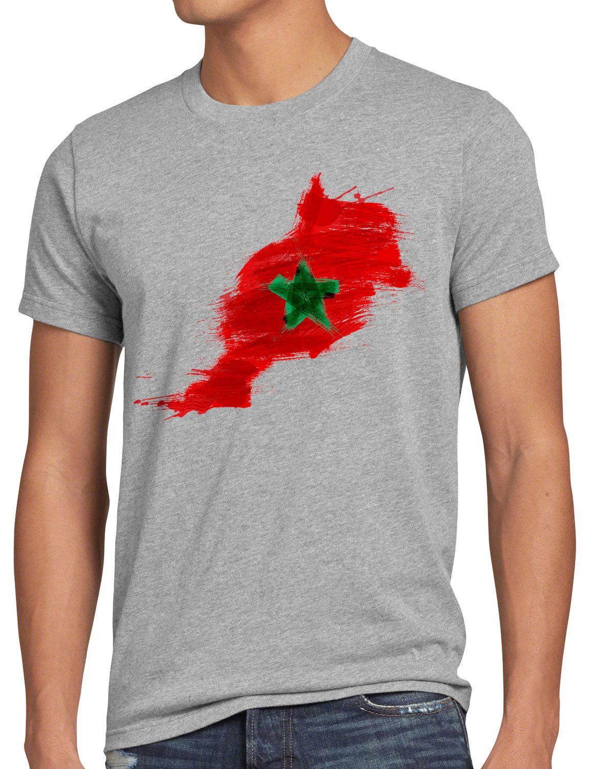 style3 Print-Shirt Herren T-Shirt Flagge Marokko Fußball Sport Morocco WM EM Fahne grau meliert