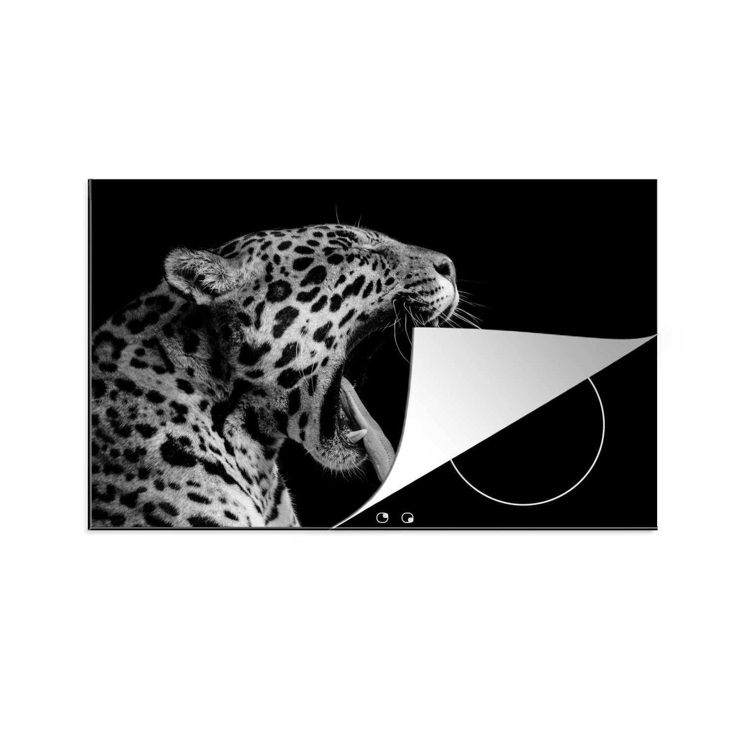 MuchoWow Herdblende-/Abdeckplatte Jaguar - Tier - Schwarz - Weiß, Vinyl, (1 tlg), 81x52 cm, Induktionskochfeld Schutz für die küche, Ceranfeldabdeckung