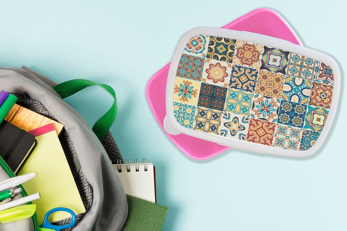 Muster Kinder, Blumen (2-tlg), - Lunchbox - - Vintage Orange, Blau Snackbox, Mädchen, rosa Brotdose MuchoWow Kunststoff Brotbox Erwachsene, - Kunststoff, für