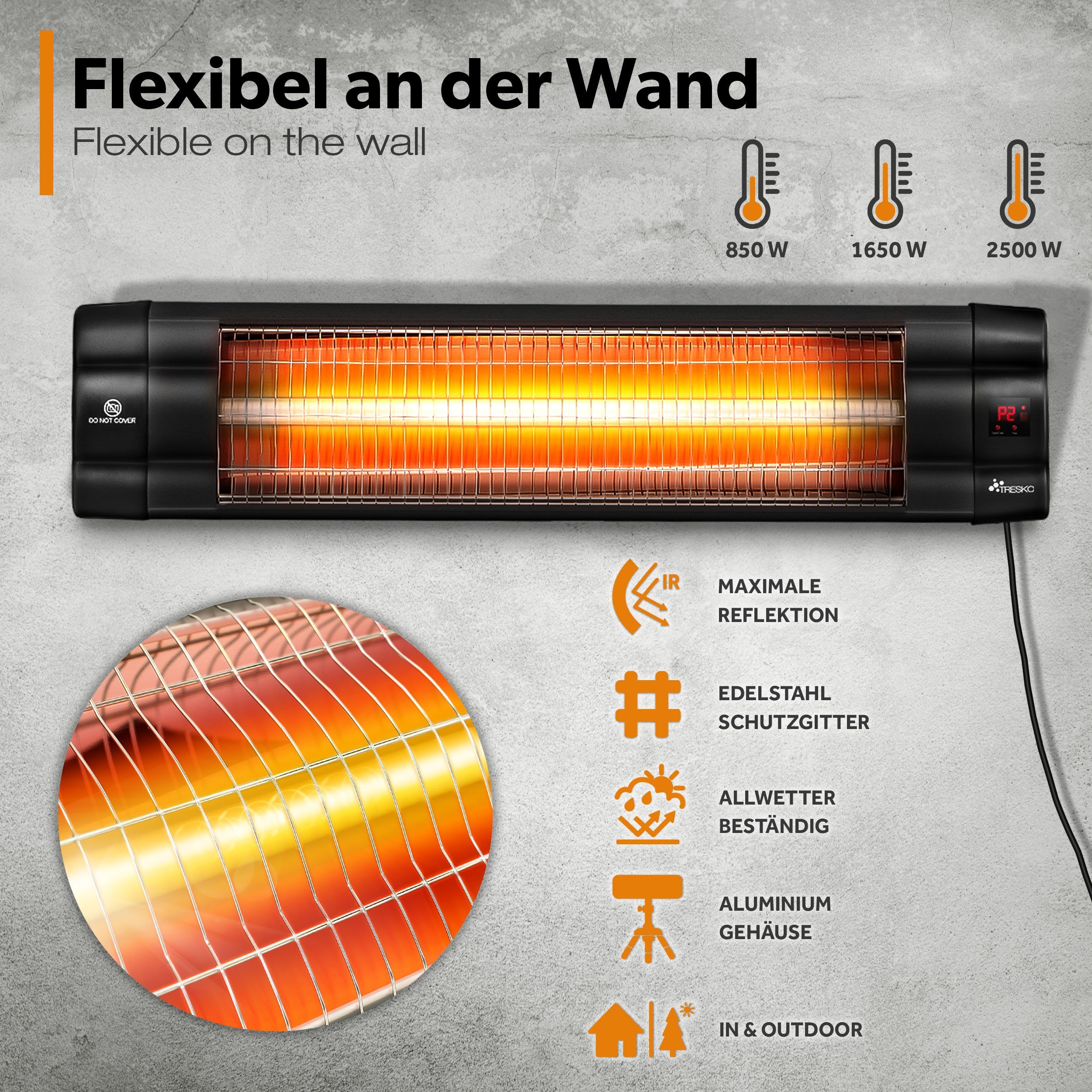 TRESKO Heizstrahler Infrarot Wärmestrahler mit Fernbedienung 2500W, Elektrisch 3 Stufen Terrassenstrahler Innen & Außen Infrarotstrahler