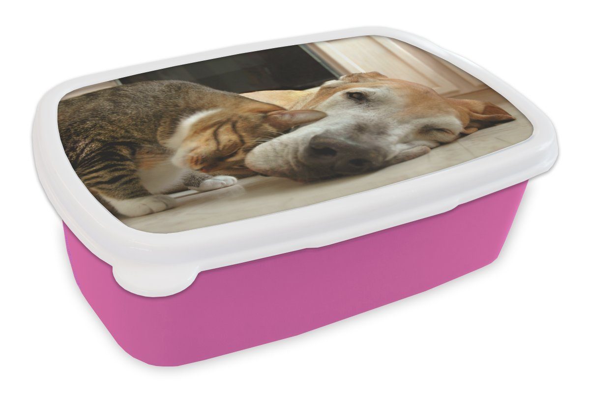 Hund Brotdose Mädchen, rosa - Erwachsene, Tiere, MuchoWow (2-tlg), Kunststoff, Kinder, für - Katze Lunchbox Brotbox Snackbox, Kunststoff