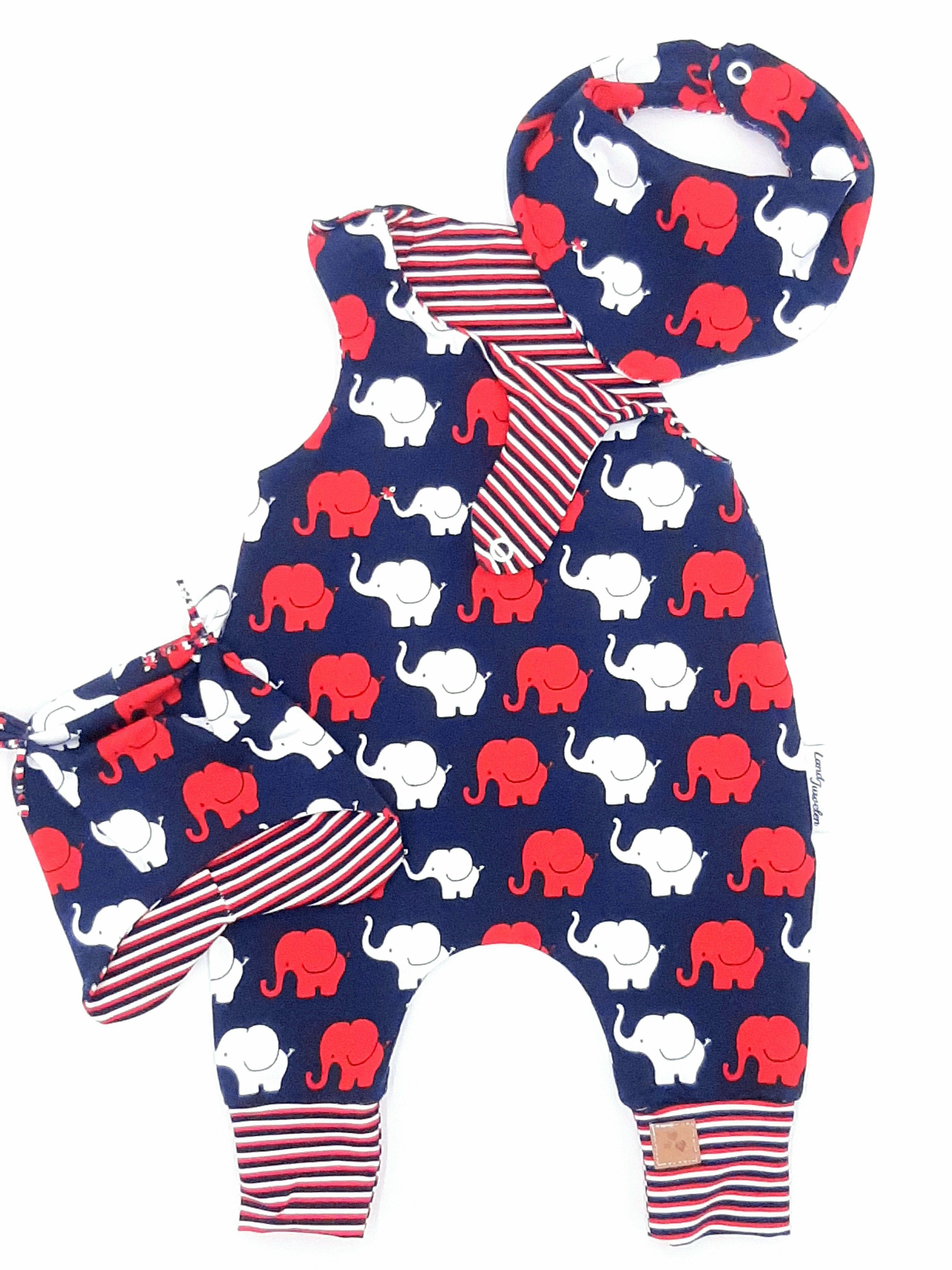 Shirt, Strampler, Jäckchen, Mütze & Schühchen ELEFANT ROT DUNKELBLAU 3er Set Strampler