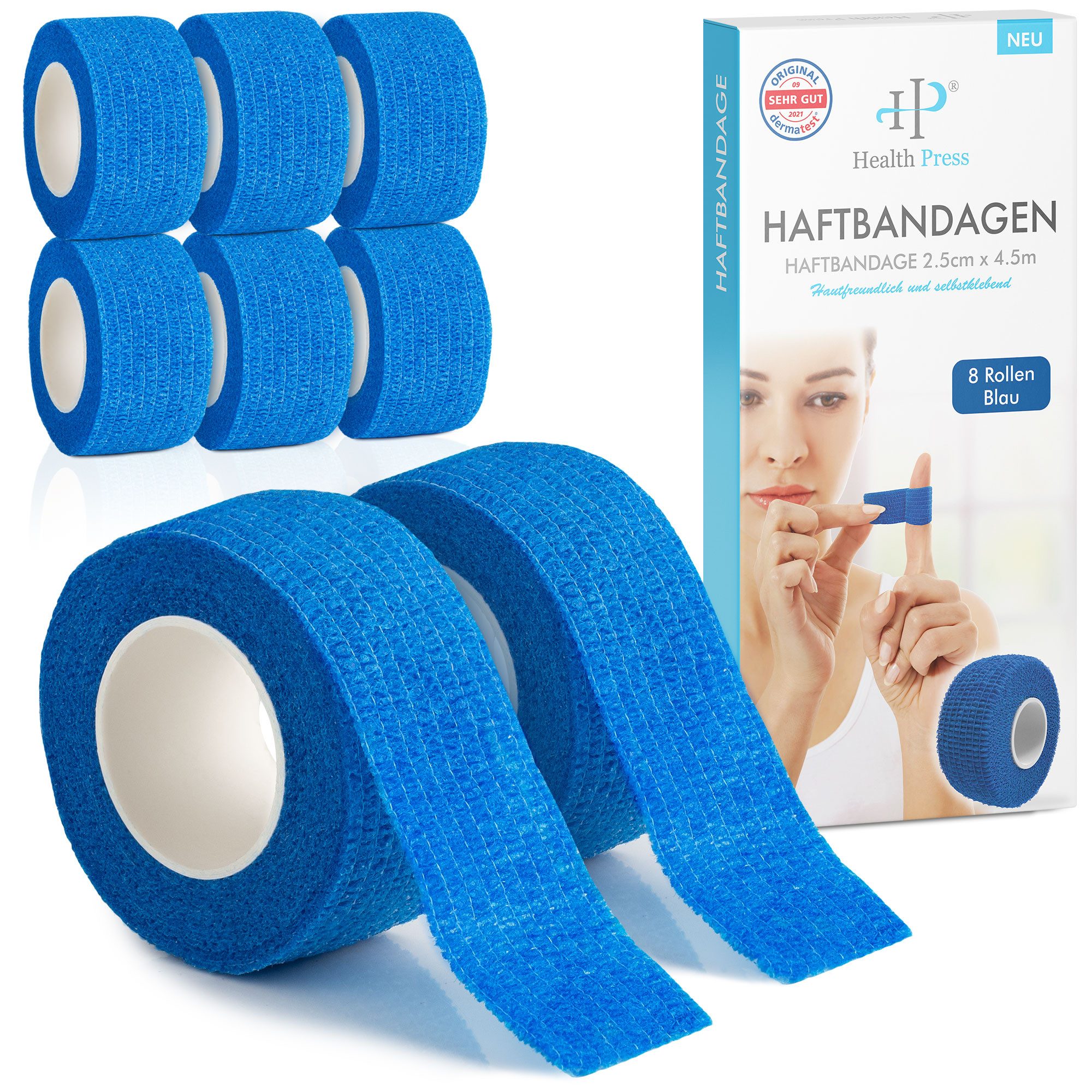 Health Press Bandage Fingerpflaster Selbsthaftend - 8x Pflaster Rolle (2,5cm x 4,5m)